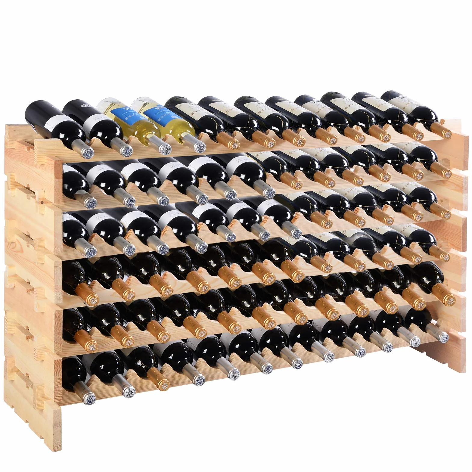 COSTWAY Botellero Vino de 6 Niveles, Botellero Apilable para 72 Botellas de Madera de Pino, Soporte para Botellas de Vino con 6 Opciones de Altura, Carca máx 90kg, para Cocina y Bar, 119 x 29 x 72 cm
