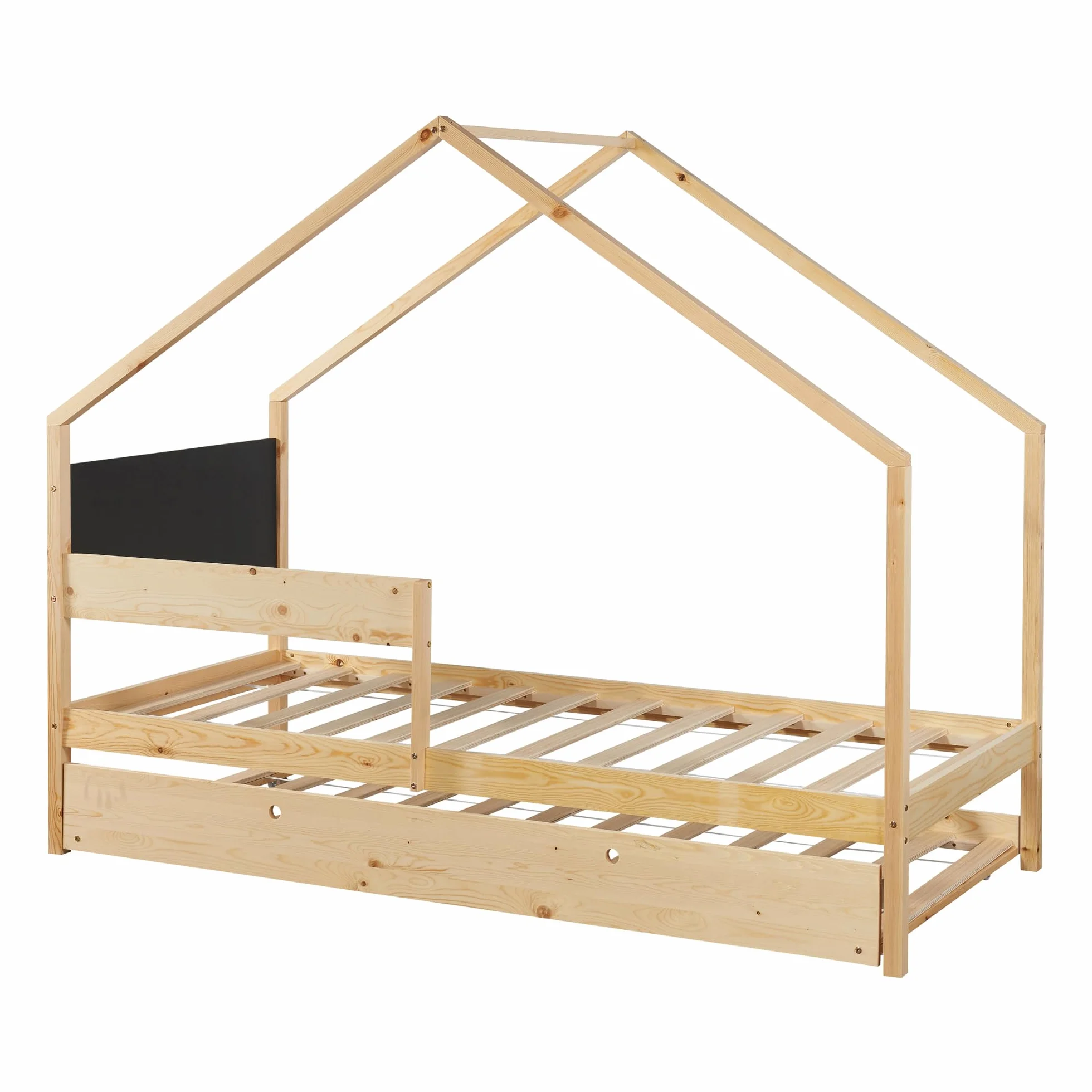 [en.casa] Cama Nido para Niños Niñas Estilo Montessori Cama Infantil con Cajón/Cama Extraíble Barandilla y Somier Forma de Casa máx. 100 kg/Cama Madera de Pino 90 x 200 cm - Natural/Negro