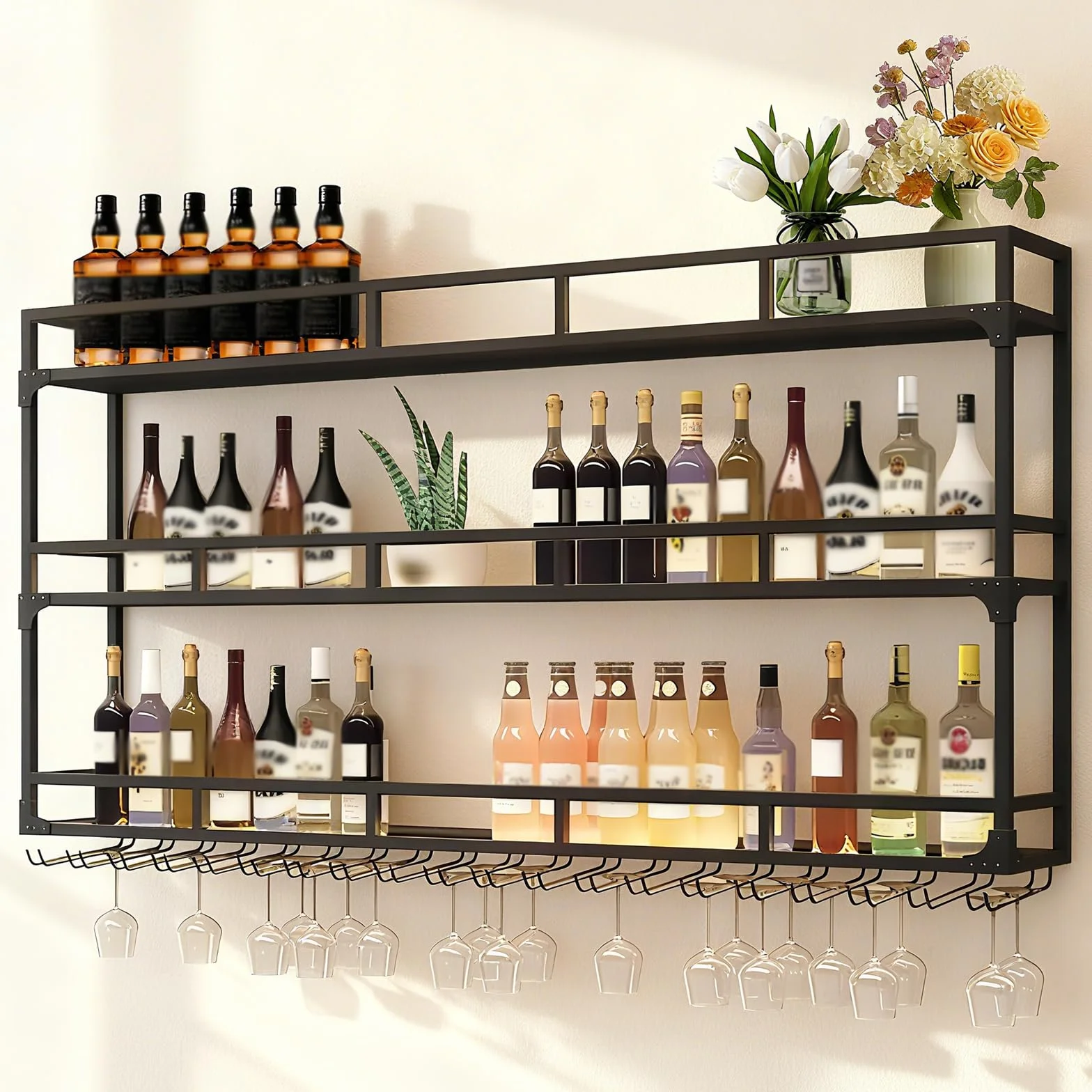 Botellero Industrial Montado En La Pared, 3 Niveles Estante Multifuncional para Exhibición De Vinos, Estante para Botellas De Vino Montado En La Pared (Black, 100 * 25 * 90CM)