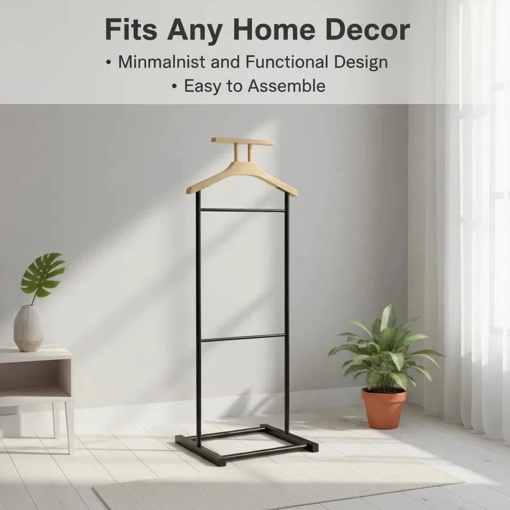 Perchero de Pie de Metal Negro y Madera Natural 45x28x109cm para Dormitorio Recibidor Oficina