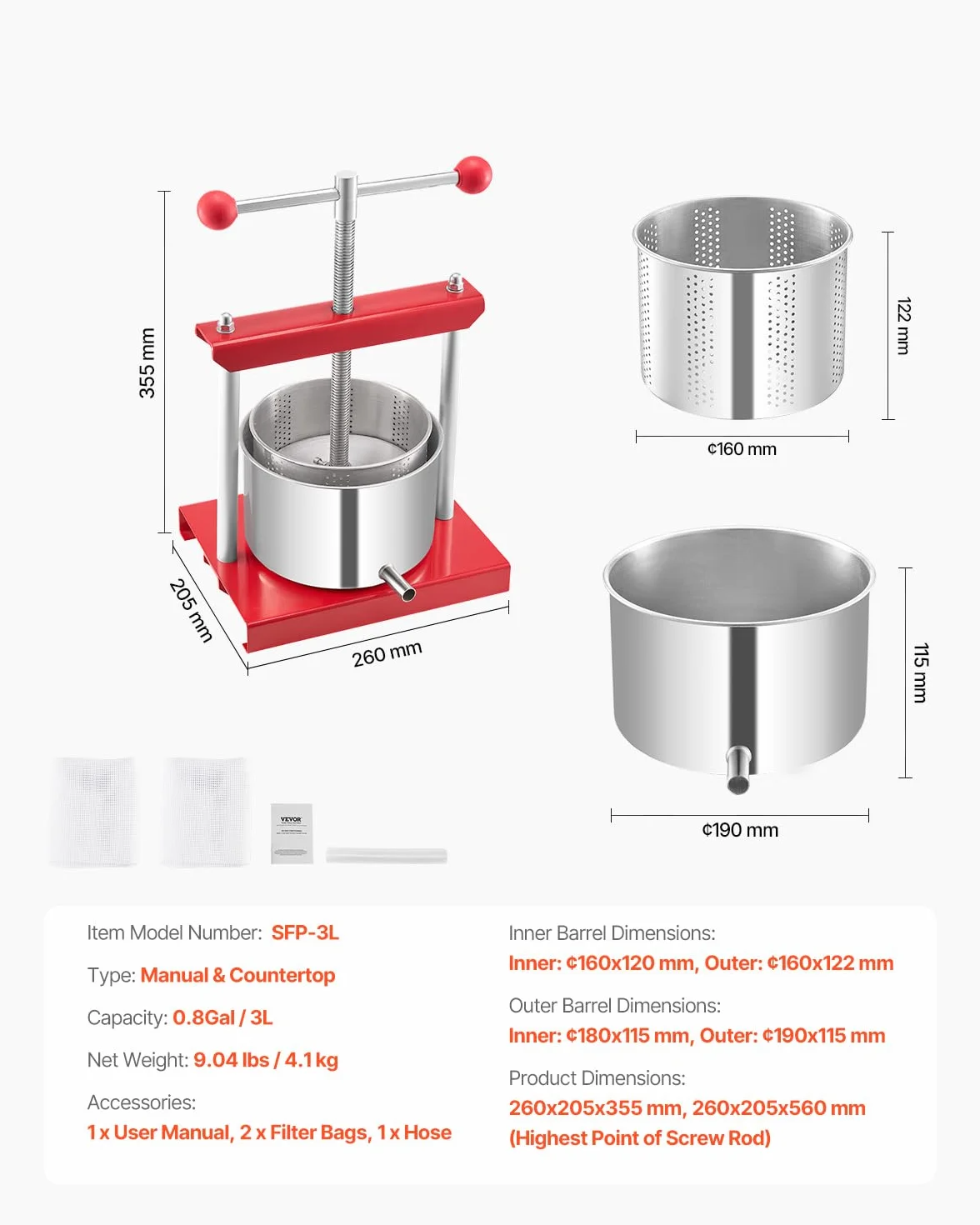 VEVOR Prensa de Vino de Frutas 3 L, 2 Barriles de Acero Inoxidable, Exprimidor Manual, Sidra, Manzana, Tintura de Uva, Miel, Aceite de Oliva, para Cocina al Aire Libre y Hogar, 260 x 205 x 560 mm