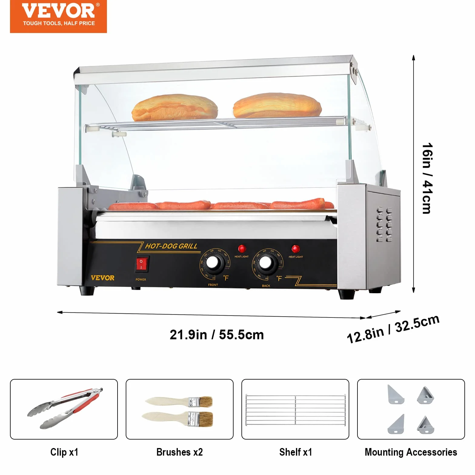 VEVOR Máquina de Rodillos para Perros Calientes 55,5x32,5x41 cm Acero Inoxidable 50-250°C 1,4 kW