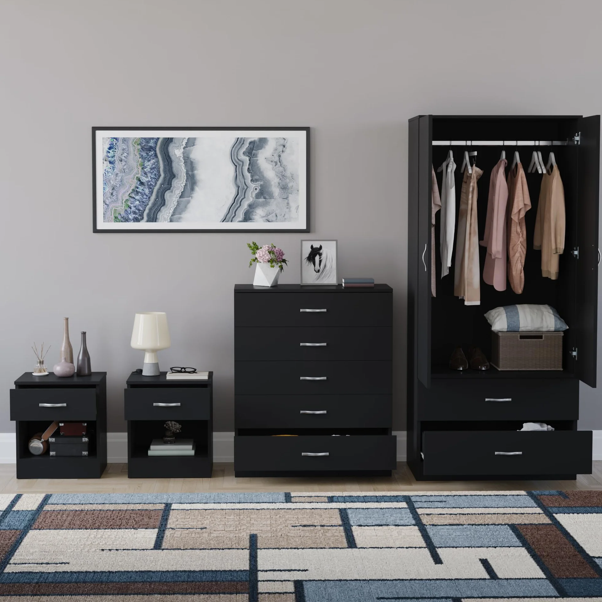 Vida Designs Riano - Juego de dormitorio de 4 piezas (1 cajón, cómoda de 5 cajones, armario de 2 puertas y 2 cajones), color negro (5)