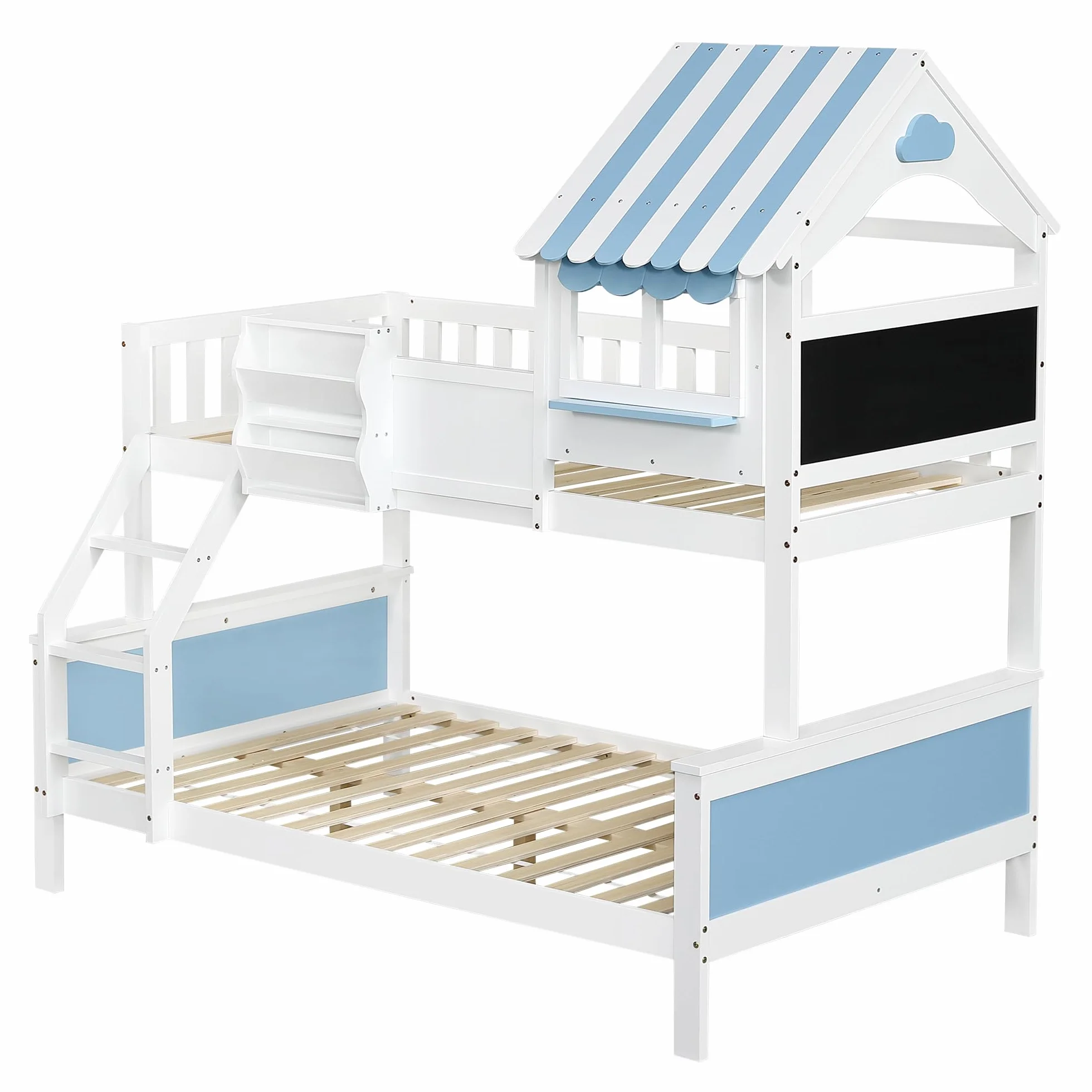 Litera Infantil con Cajón de Almacenamiento | Escalera Inclinada 3 Peldaños + Diseño Ventana Única | Tablero Grafiti Lateral | Estructura Pino+MDF | Blanco/Azul | 90x200cm y 120x200cm