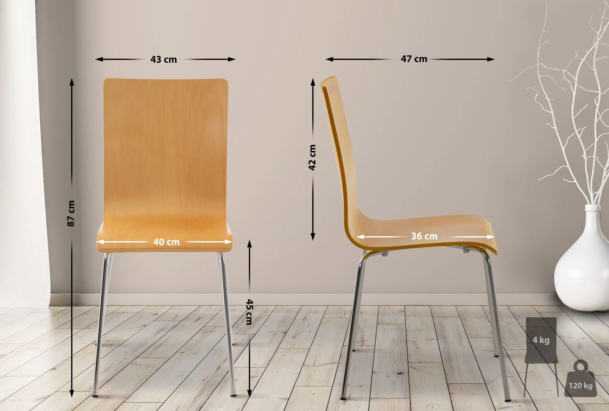 CLP Juego de 4 Sillas de Espera Pepe, Silla de Visitas con Asiento de Madera Ergonómico, Soporte Metálico, Color Natura