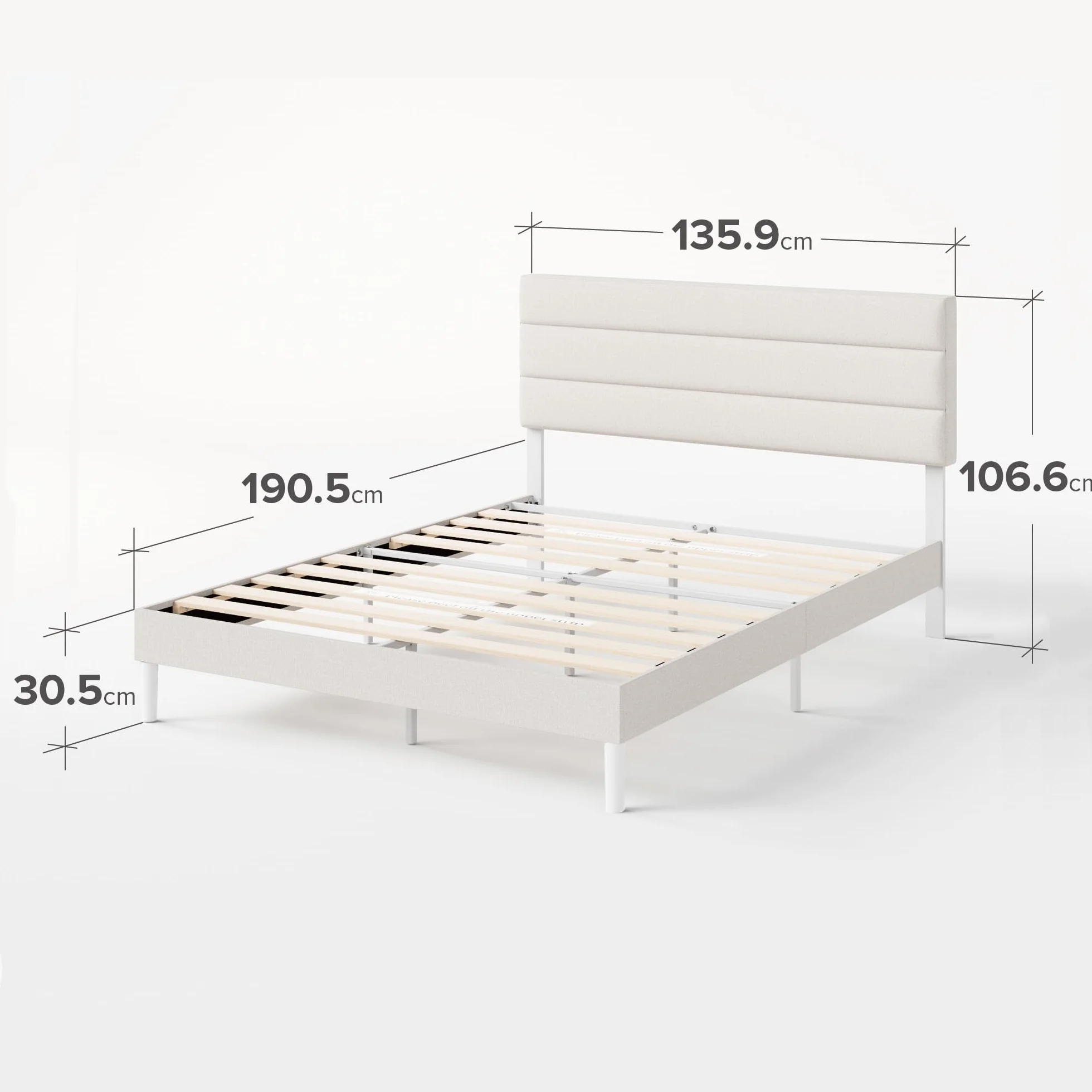 Zinus Piper Somier 135x190 cm - Altura 30 cm - Base Cama Matrimonio Tapizada con Cabecero - Láminas de Madera - Montaje Fácil- Blanco Roto