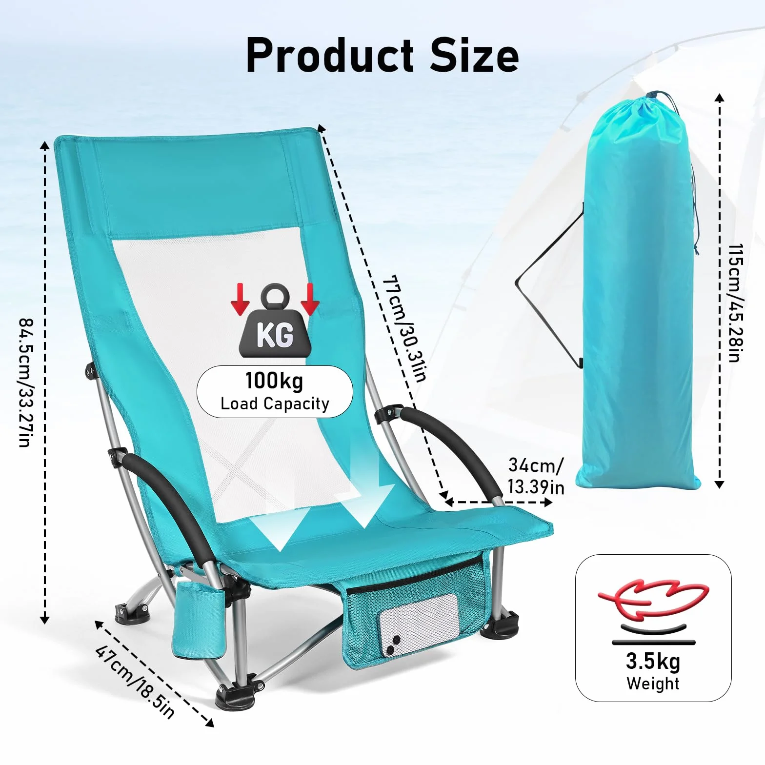 WildFun Silla de playa plegable baja, ligera y portátil, con respaldo alto, soporte para bebidas, soporta hasta 180 kg, para viajes, exteriores, barbacoas, pícnic, festivales (1 unidad, azul)