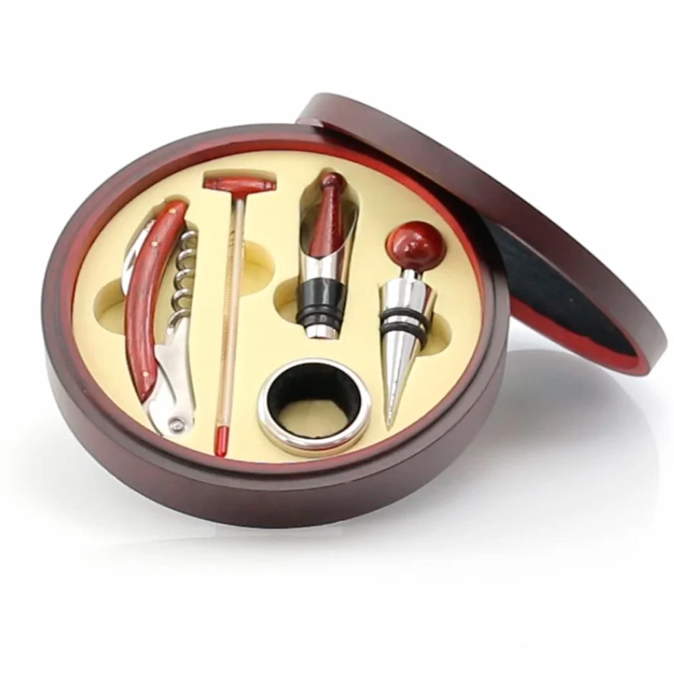 Elegante juego set de vinos con sacacorchos, dosificador, Recoge gotas, tapón y termómetro. Regalos orginales cumpleaños hombres, día del padre, novios, maridos, agradecimientos o Navidad.