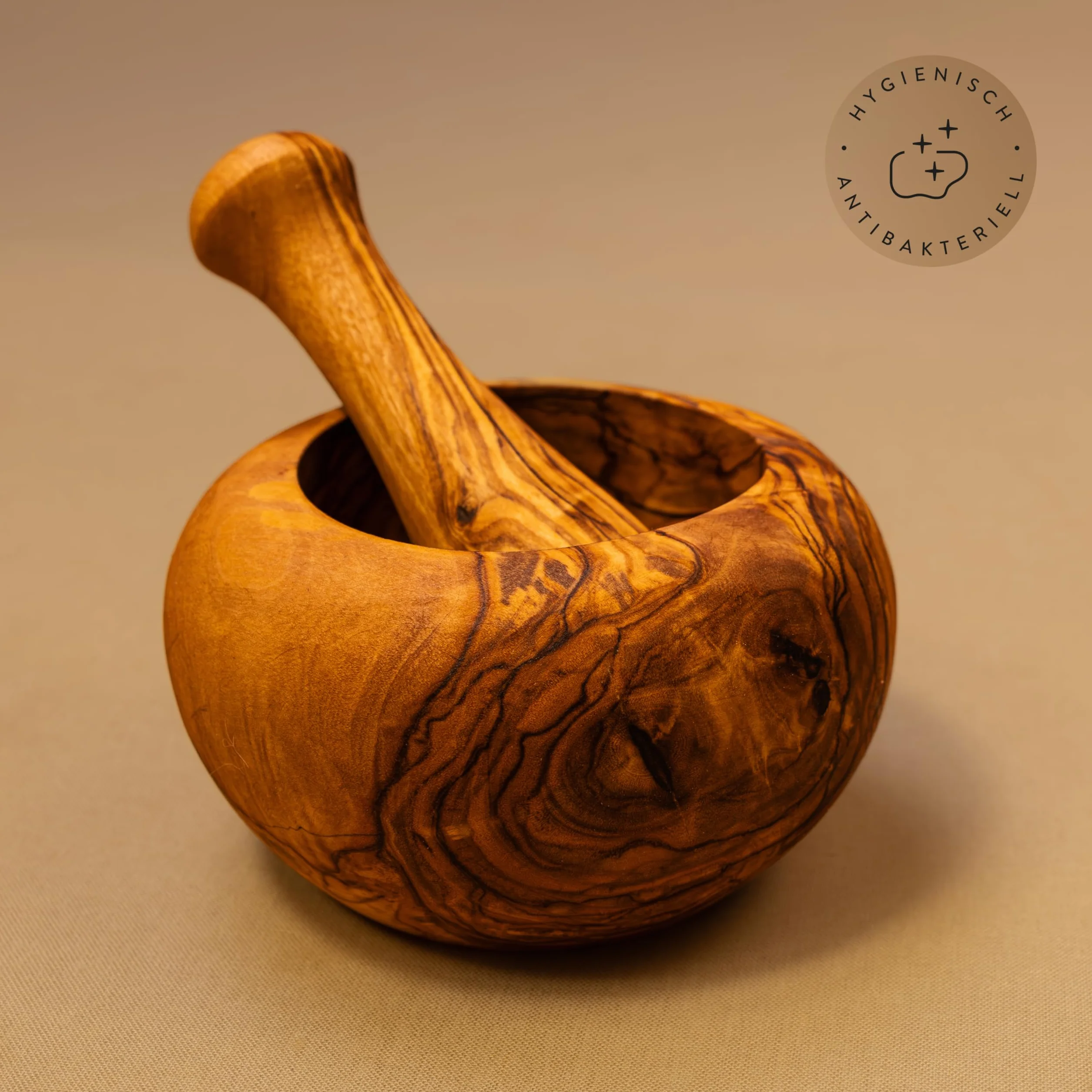Mortero y Émbolo Forma Redonda de Madera de Olivo - 12cm