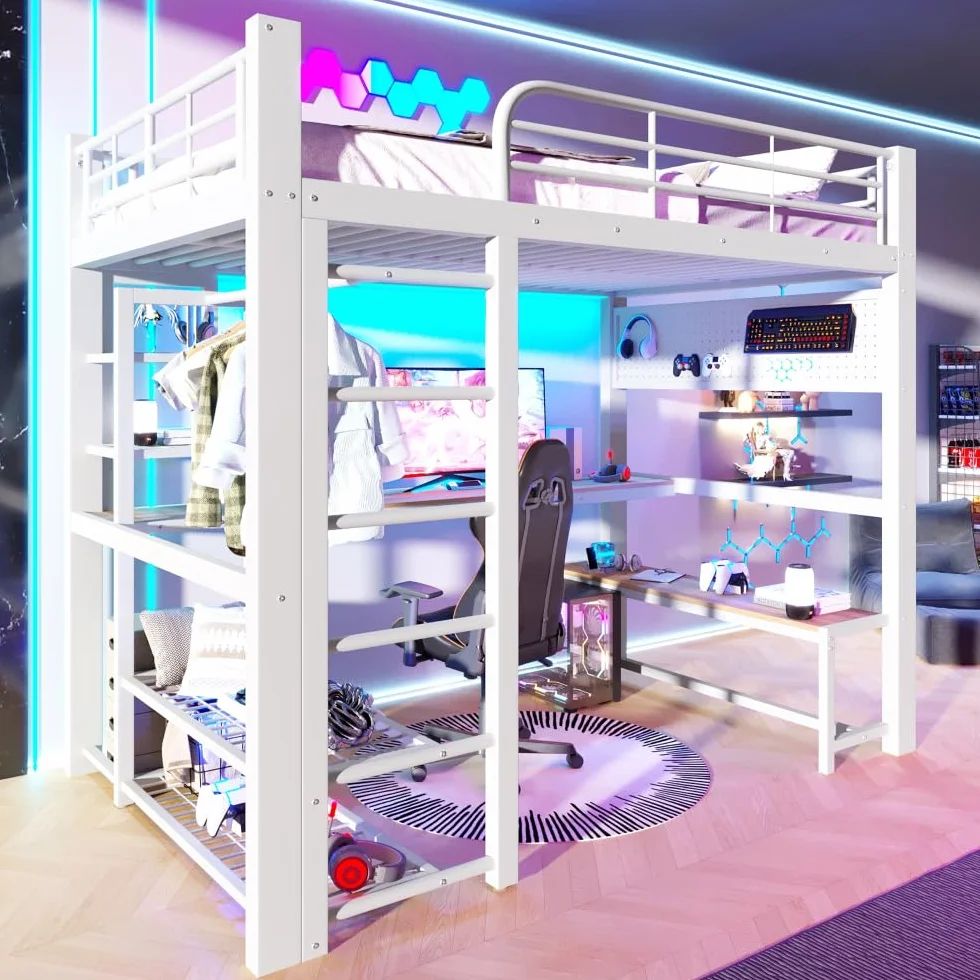 Sapgaks - Cama entrepiso de 1 plaza de 140 x 200 cm, litera infantil con barrera con banda luminosa LED, cama entrepiso escalera, escritorio de madera, tendedero para ropa (140 x 200)