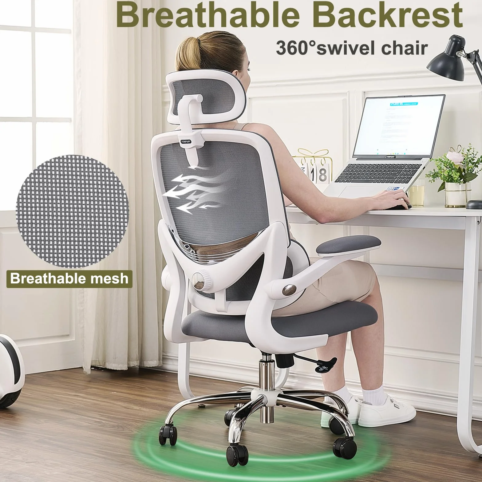 Silla Ergonómica para Oficina, Silla de Escritorio Respaldo Alto de Malla, Soporte Lumbar Ajustable, Reposabrazos Abatible, Reposacabezas Desmontable, Silla Giratoria para Juegos, 150 KG