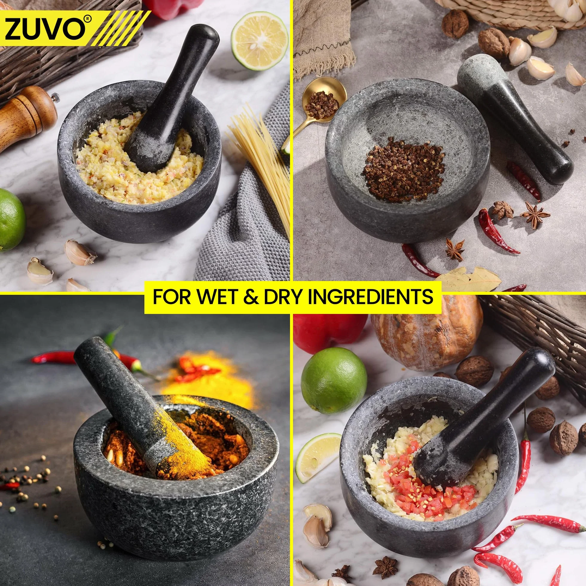 Juego de mortero y mortero de Zuvo, piedra natural sólida, esencial para artículos esenciales de cocina y creaciones culinarias, diseño duradero y elegante