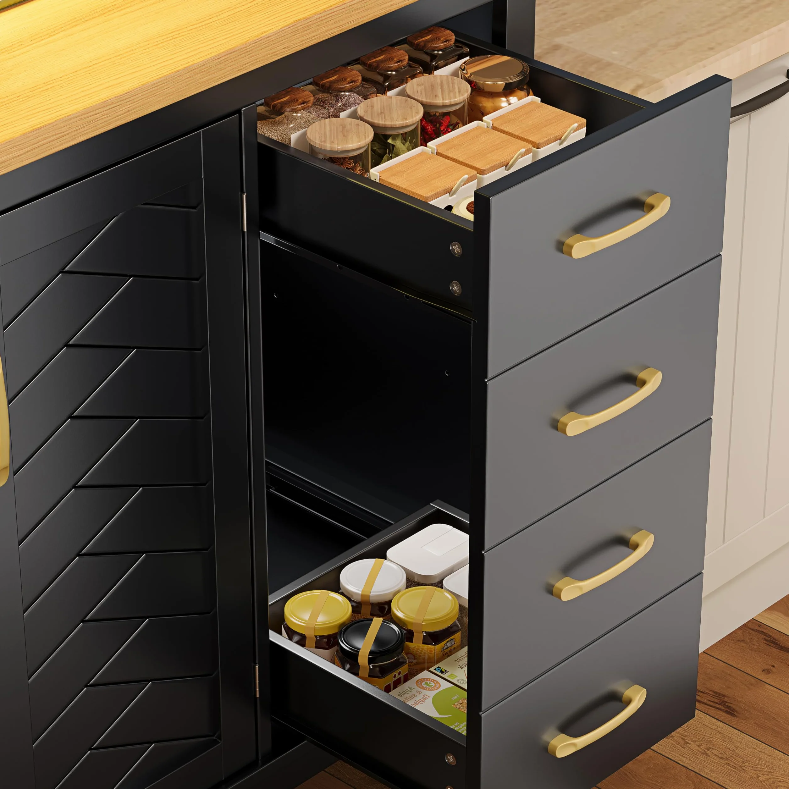 Armario Cocina Alto con Luz LED y Almacenaje, Aparador Cocina con Cajón y 4 Puertas, Mueble Aparadores Alacena de Cocina Despensa con Portavasos y Dispositivo Antivuelco, 105.5x40x180 cm, Negro