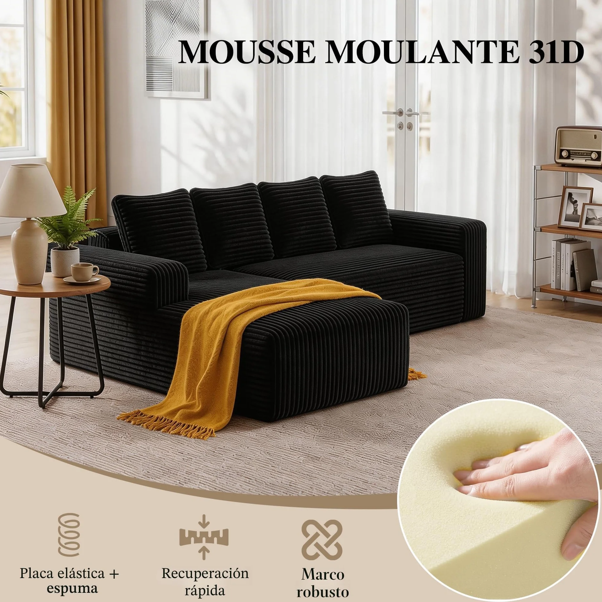 Sapgaks Sofá esquinero, sofá de 4 plazas, sofá de 3 plazas, sofá modular comprimido con chaise longue en forma de L, no requiere montaje (más pana negro)