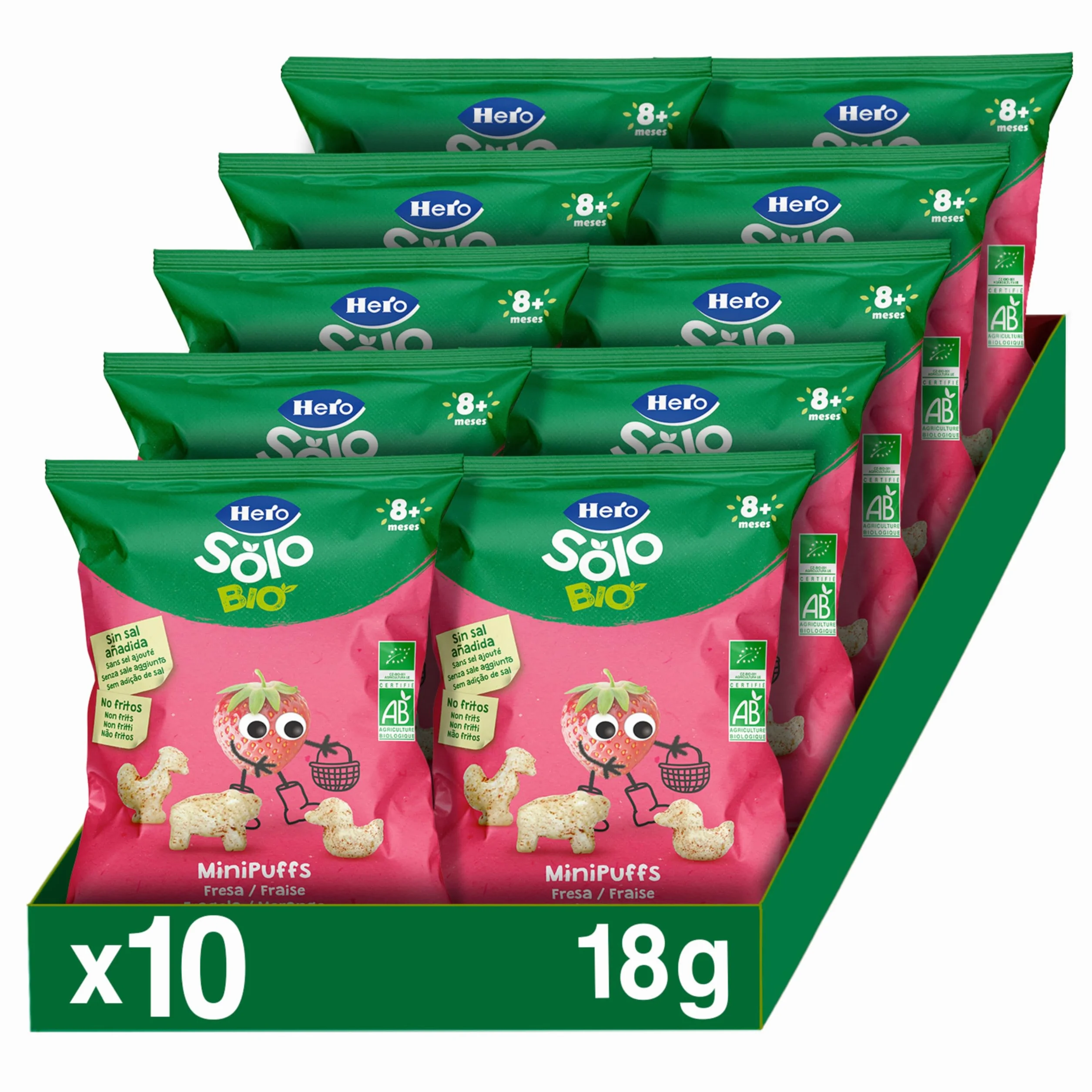 Hero Solo Minipuff Snack de Fresa BIO Ecológico No Fritos Sin Azúcares Añadidos Pack 10 x 18 g