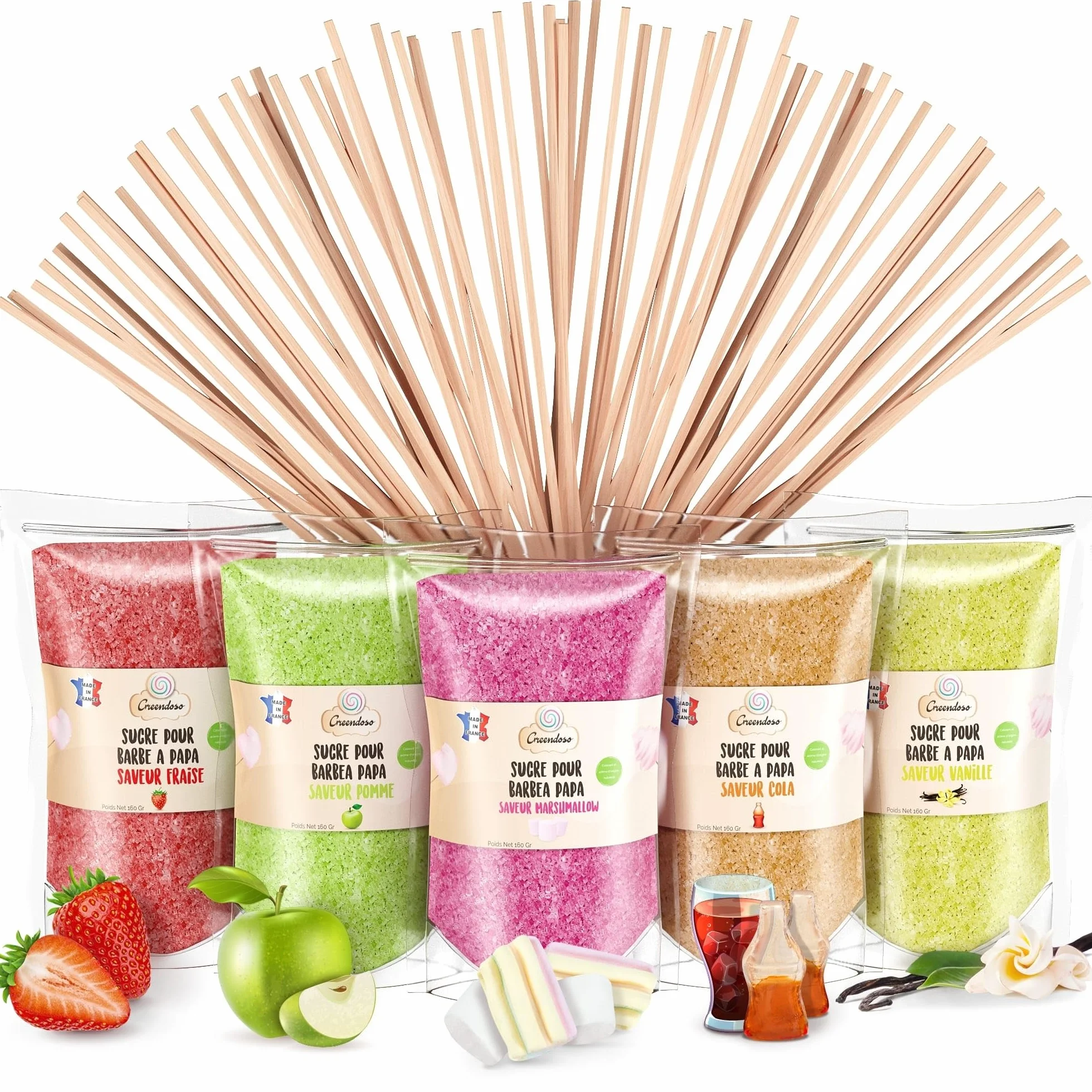 GREENDOSO® Azúcar para Algodón de Azúcar 5x300gr Lote 5 Sabores Naturales 50 Palitos