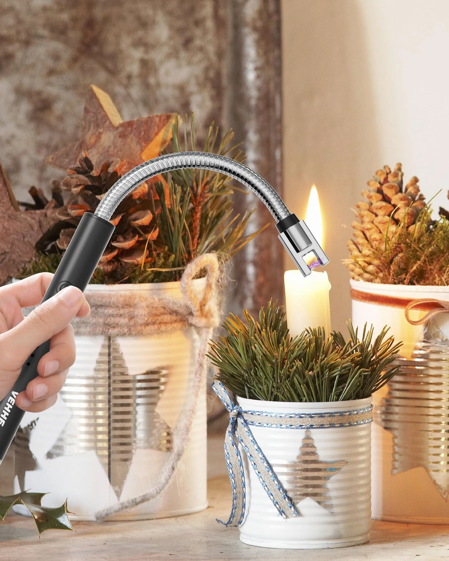 Encendedor de Arco Eléctrico Recargable VEHHE con Indicador LED de Batería USB, Mechero Largo para Cocina, Velas, Estufas de Gas y Camping