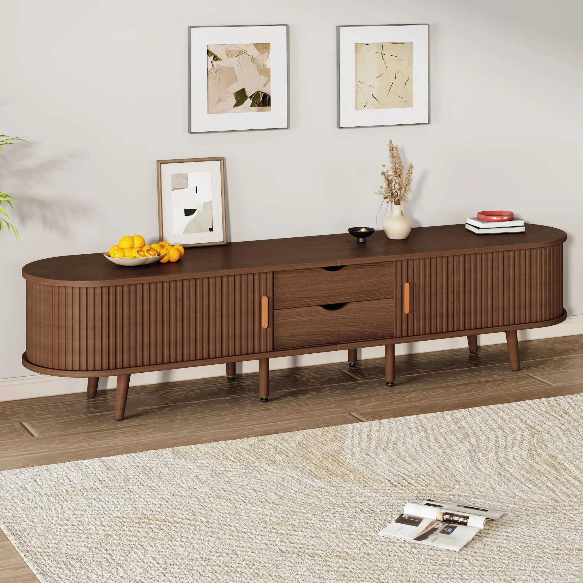Armario de TV de salón con espacio de almacenamiento y tablero redondo de madera de densidad media con 2 cajones, apto para 175 x 40 x 42 cm