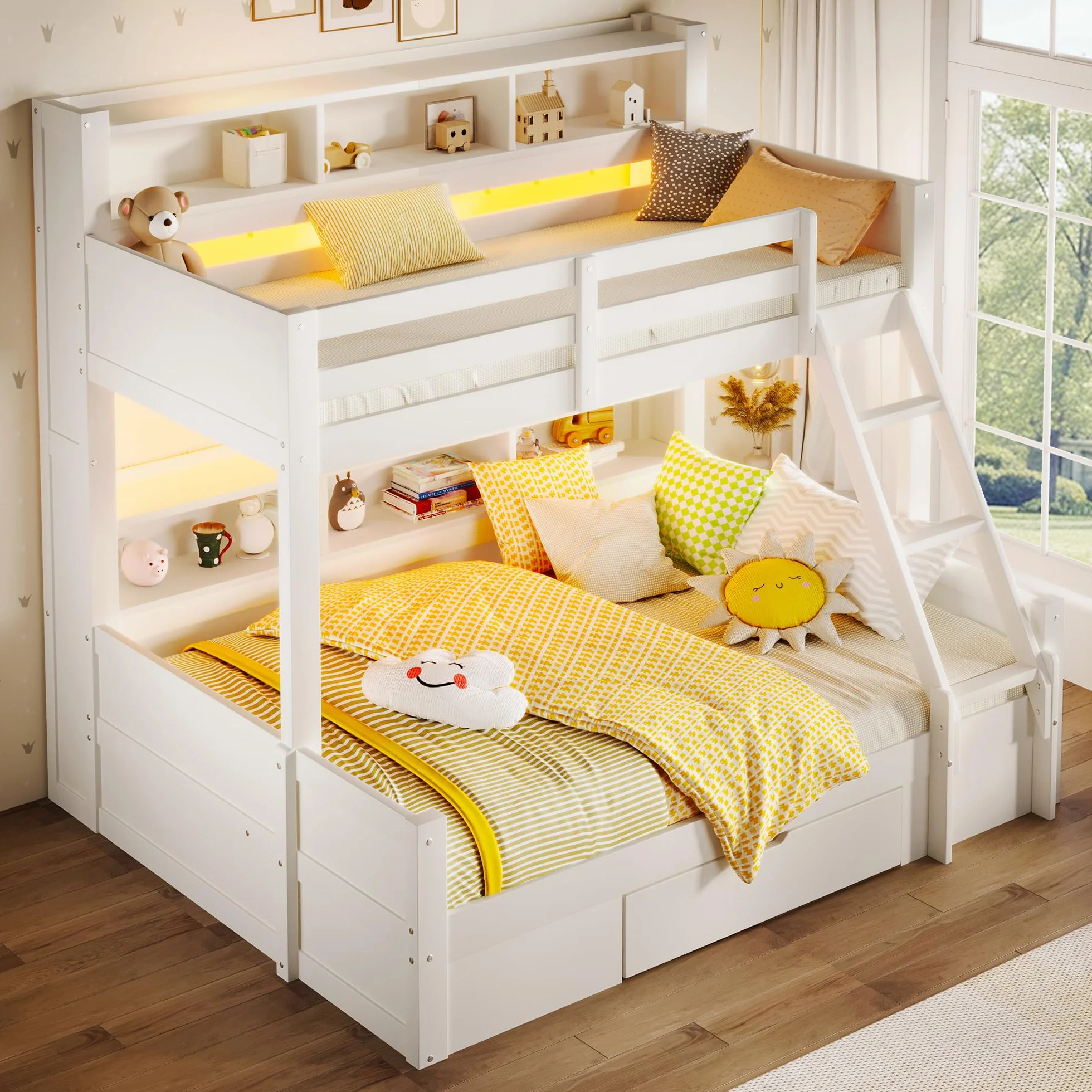 Litera de 90(140) x200 cm con Luz LED y Compartimentos Abiertos, Cama Litera Matrimonio con Cajón y Escalera, Cama Infantil Literas Infantiles con Barandilla Anticaída, Sin Colchón, Blanco