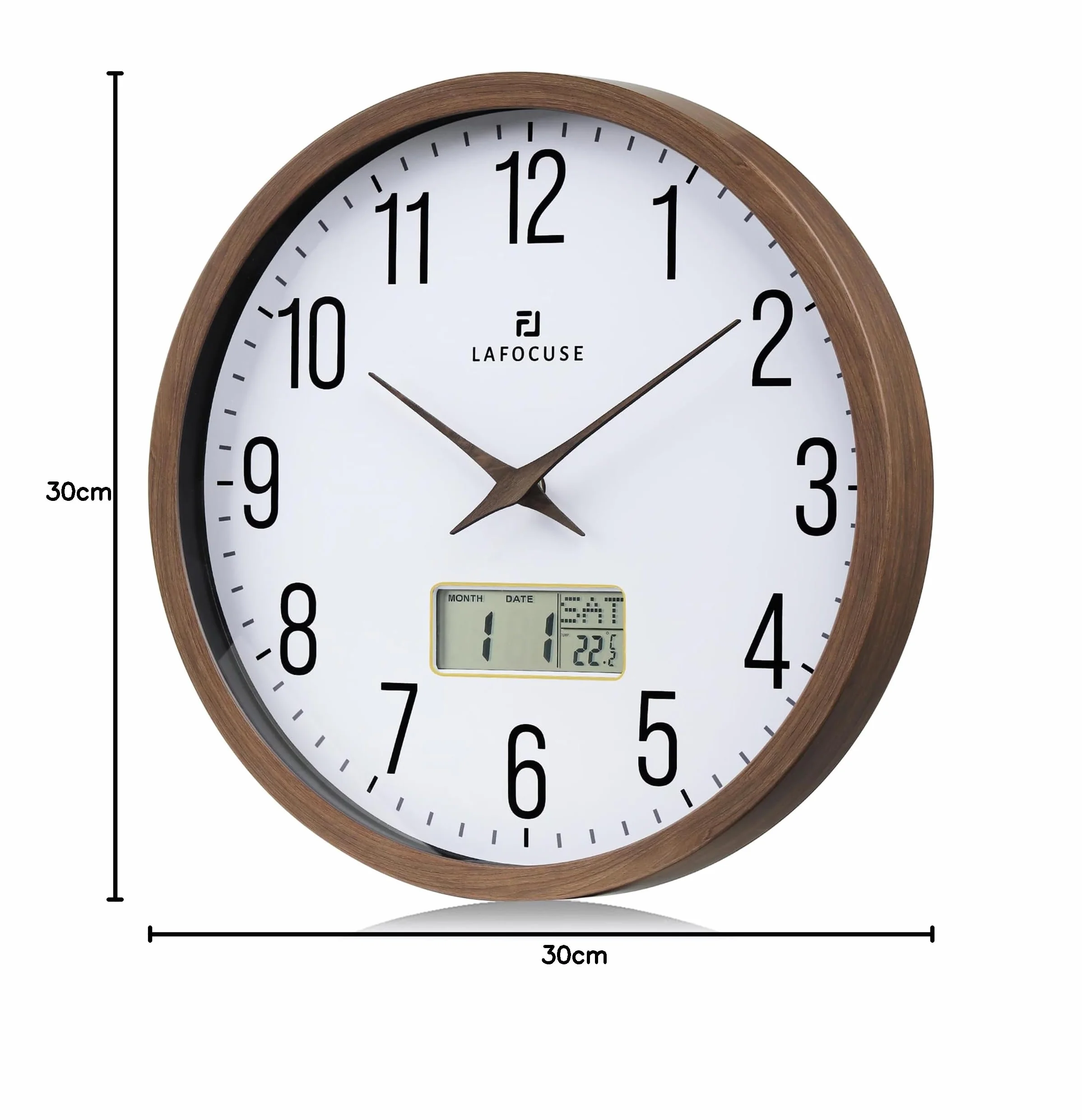 Reloj de Pared Calendario con Fecha y Termometro LCD, Silencioso Marrón Vintage 30cm