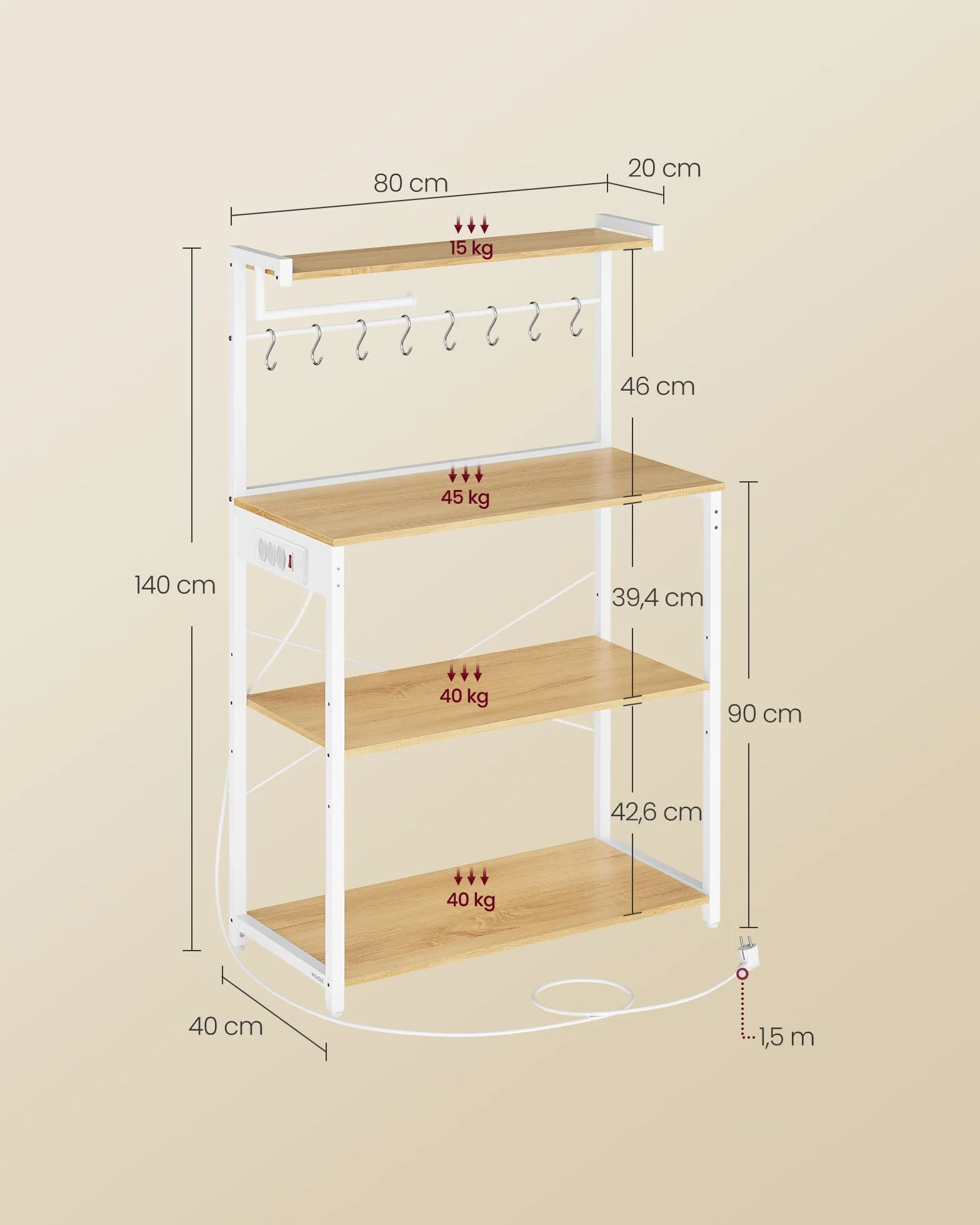 VASAGLE Estantería de Cocina con Enchufe Múltiple, Barra de Café de 4 Niveles con Estante Ajustable, 8 Ganchos S, Soporte de Microondas, 40 x 45 x 140 cm, Roble Dorado y Blanco Nube KKS013YA05