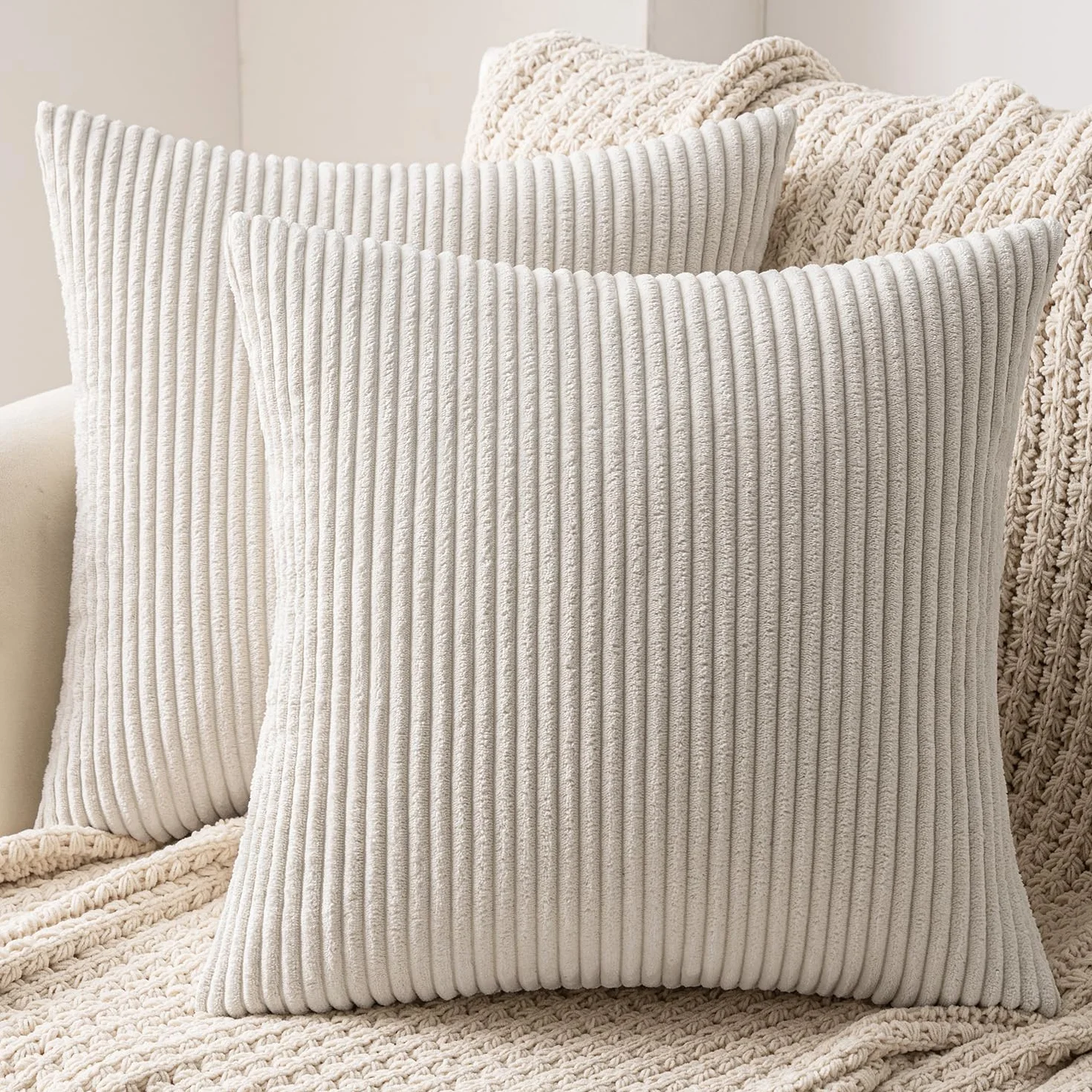 MIULEE Funda Cojines para Sofá Corduroy Rayas 40x40 cm 2 Piezas Beige
