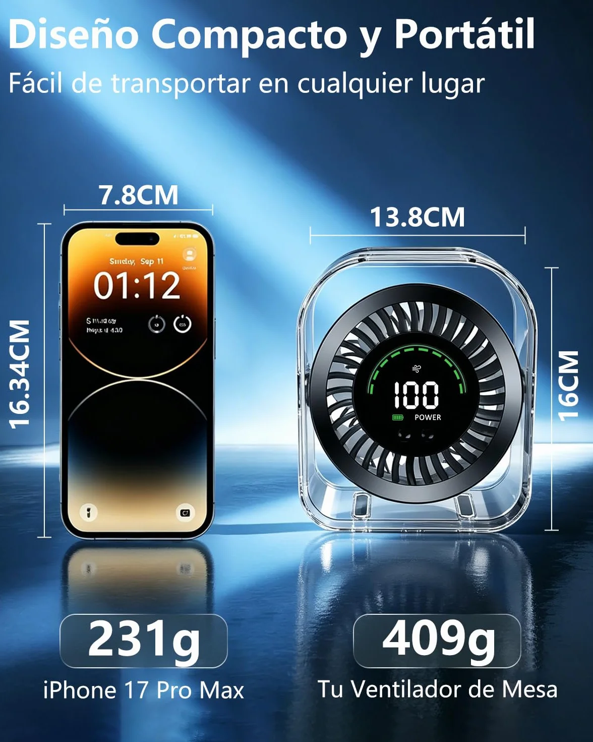 DDKJ Ventilador de Mesa Silencioso USB Recargable 360° 100 Ajustes 15 Horas 2 en 1 Sobremesa/Pared Negro