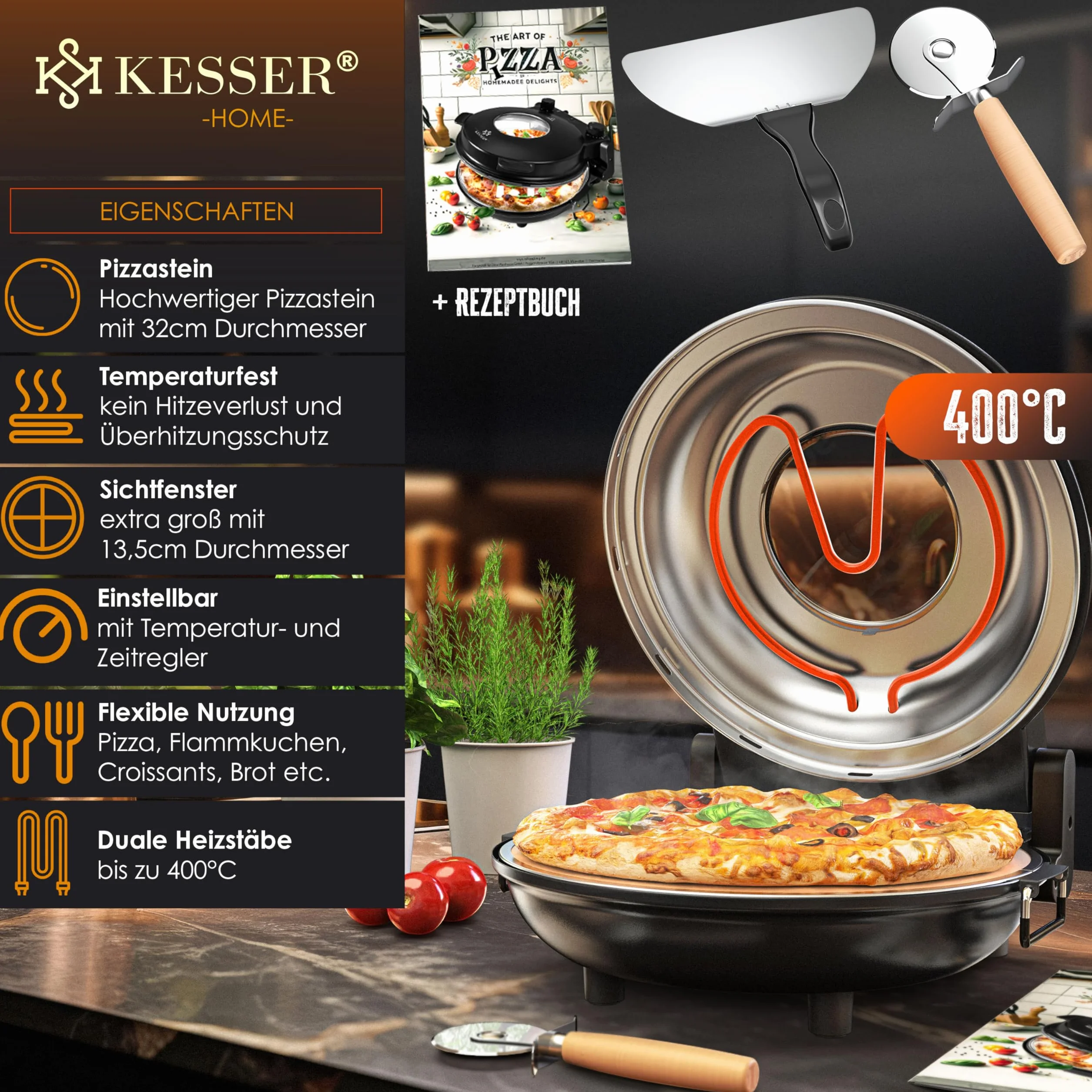 KESSER Horno eléctrico para pizza 400°C 1200W 32 cm placa piedra ignífuga temporizador 5 niveles