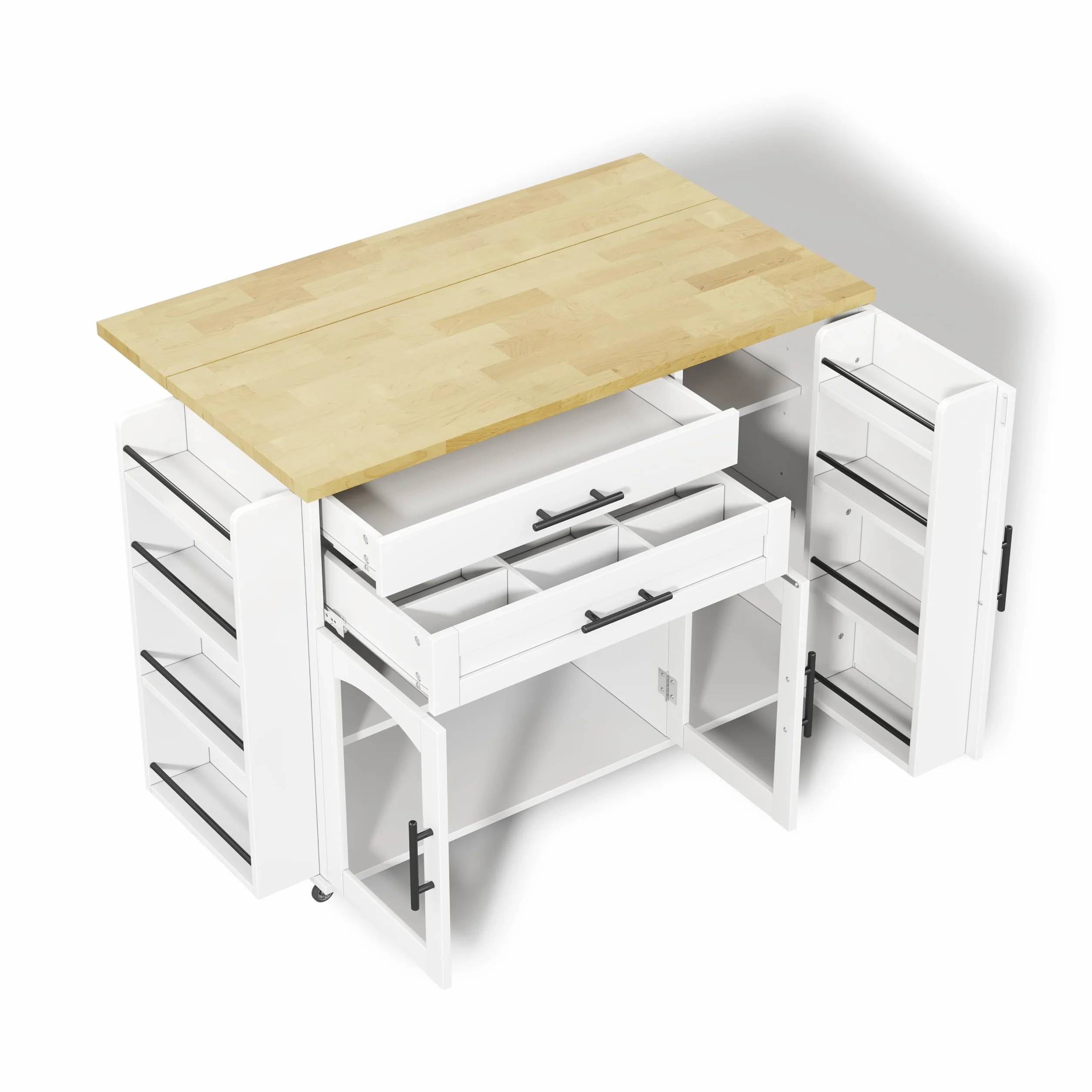 Isla de cocina con encimera, carrito de cocina independiente con 5 ruedas, armario de cocina con estante para especias y cajón, para cocina y comedor 120 x 45 x 90 cm (blanco)