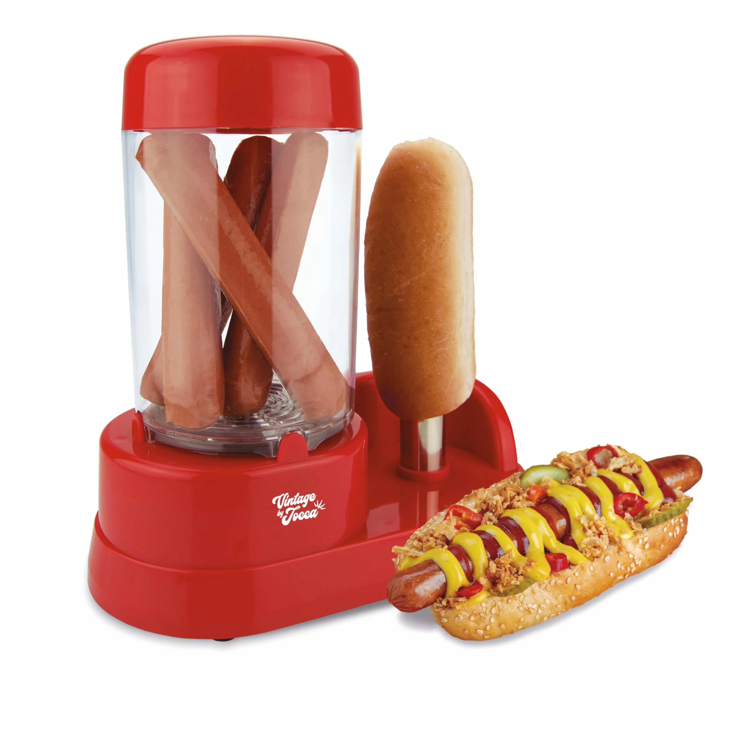 Jocca - Máquina de Perritos Calientes con Display, 350W, Capacidad 6 Salchichas, Barra de Acero Inoxidable, Rojo