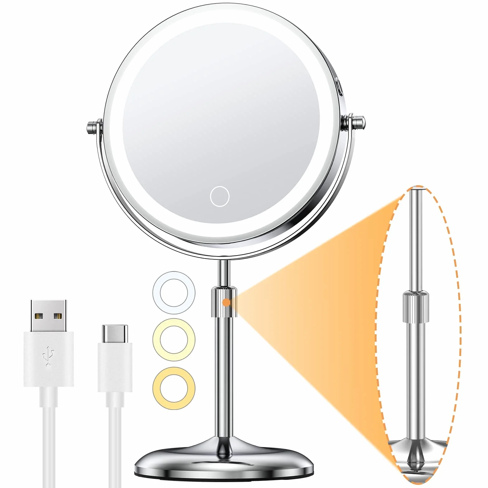 Gospire Espejo de Maquillaje Iluminado de 7 Pulgadas con Aumento 10X/1X, Altura Ajustable y 3 Luces Regulables de Color, Giratorio de 360° de Doble Cara, Recargable, LED, tocador, Espejo de pie