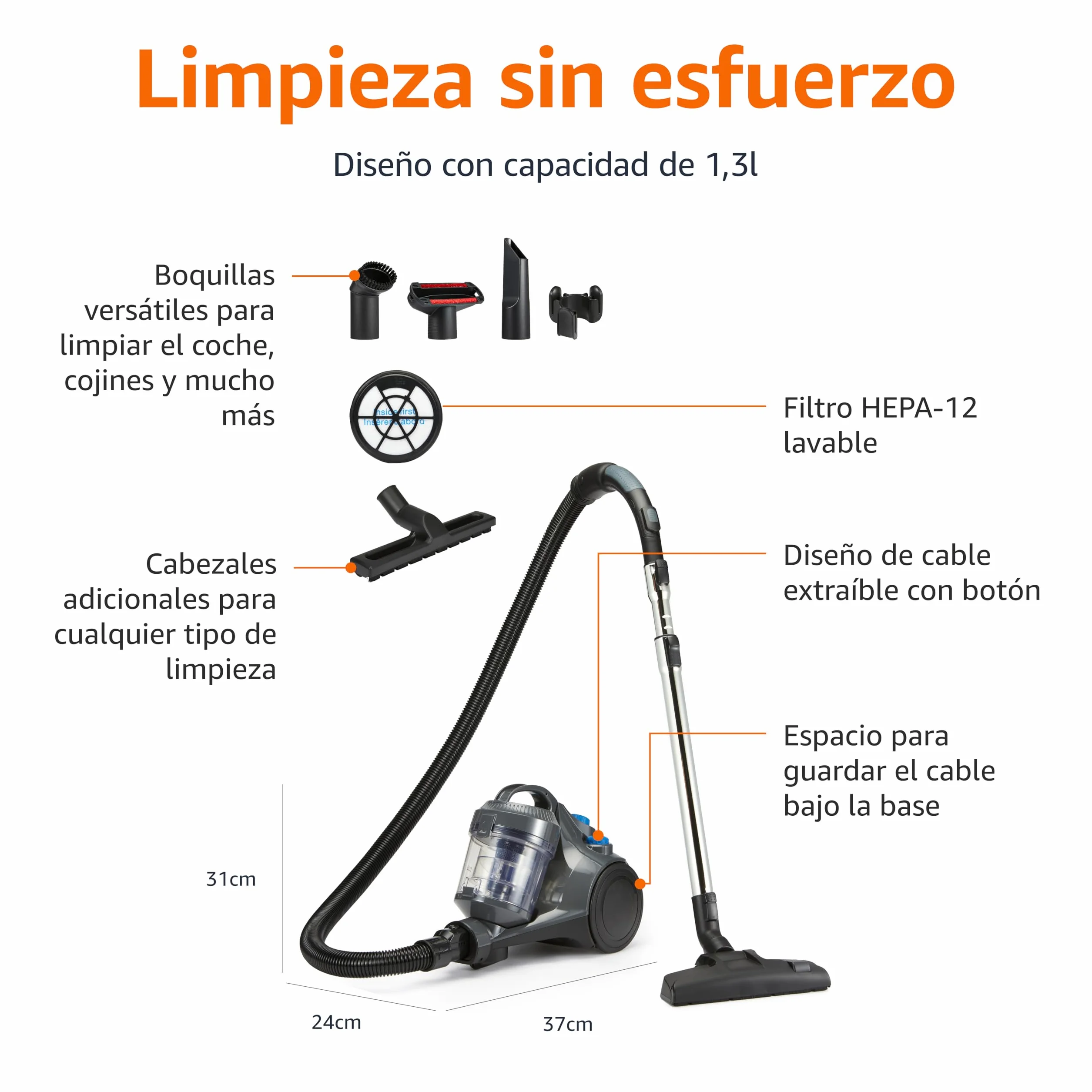 Amazon Basics Aspiradora de Arrastre Sin Bolsa 1,3L Compacta Ligera con Boquilla 3 en 1, Filtro HEPA + 2 Filtros Adicionales, 850W, para Alfombras y Suelos Duros, Gris