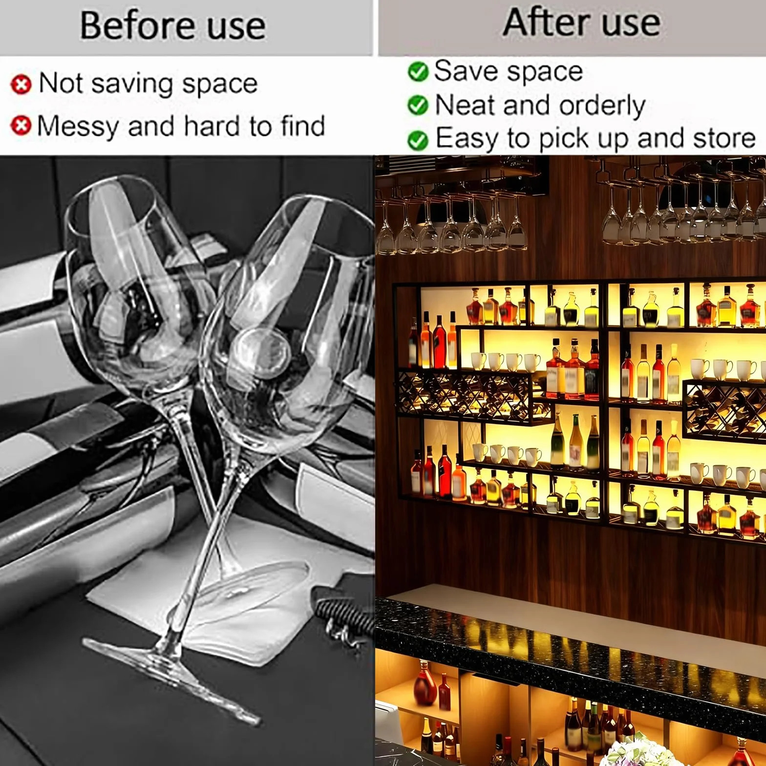 200CM Estantería de Vino de Pared con Luz LED, Metálica 4 Niveles Estilo Industrial Colgante para Botellas y Copas, Decoración para Bar en Casa y Comedor (Negro)
