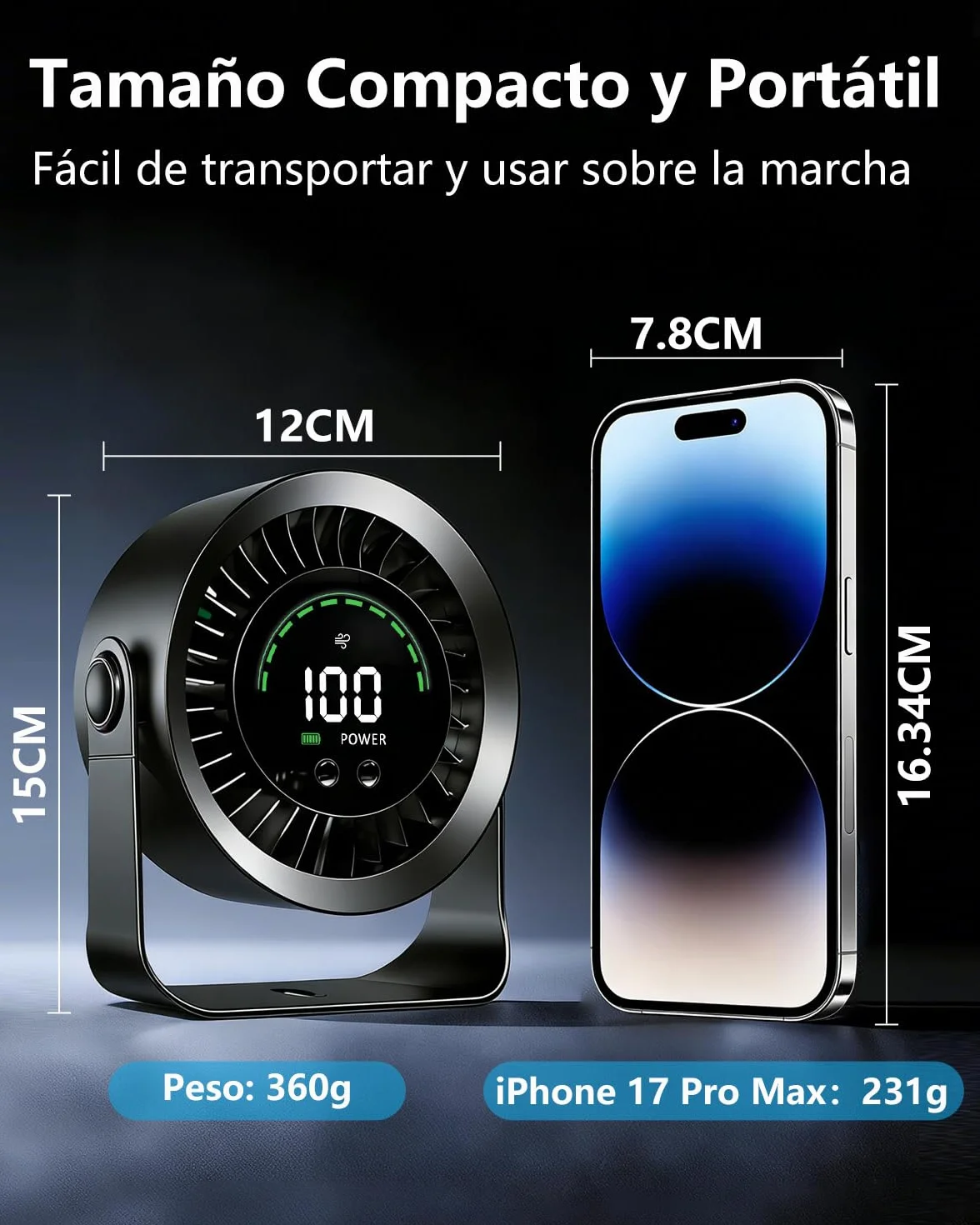 Ventilador de Mesa Silencioso 4000mAh USB Recargable, 100 Ajustes Continuos, Pantalla LED, 2 en 1 Escritorio/Pared - Negro