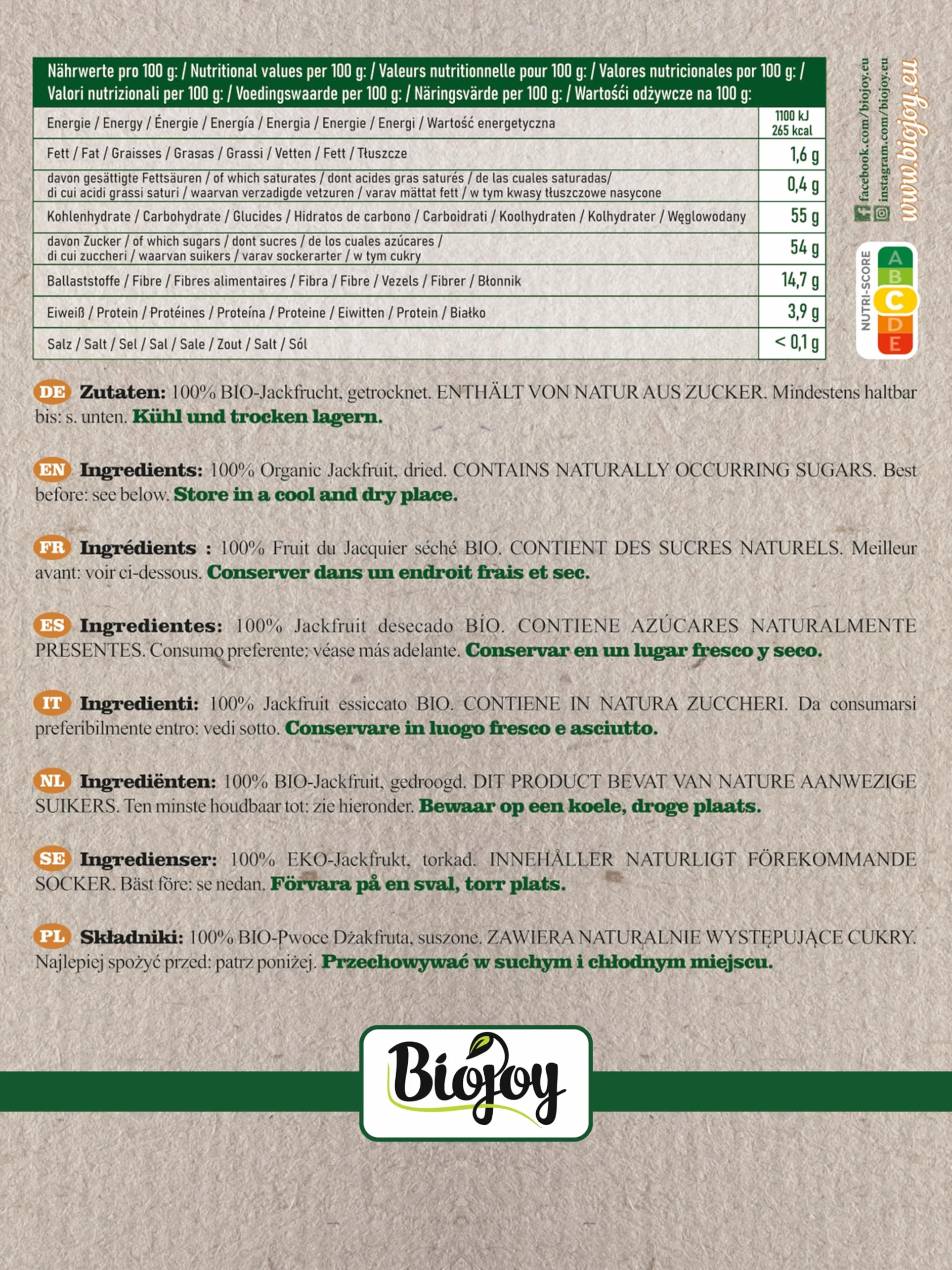 Biojoy Jackfruit deshidratado Ecológico 1 kg sin azúcar añadido