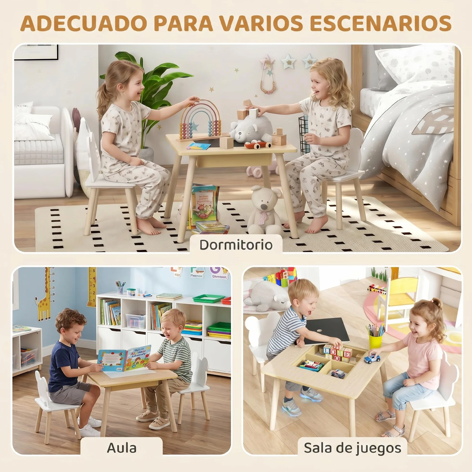 AIYAPLAY Juego de Mesa y 2 Sillas Infantiles de Madera con Pizarra, Respaldo Osito y Compartimentos, Natural y Blanco