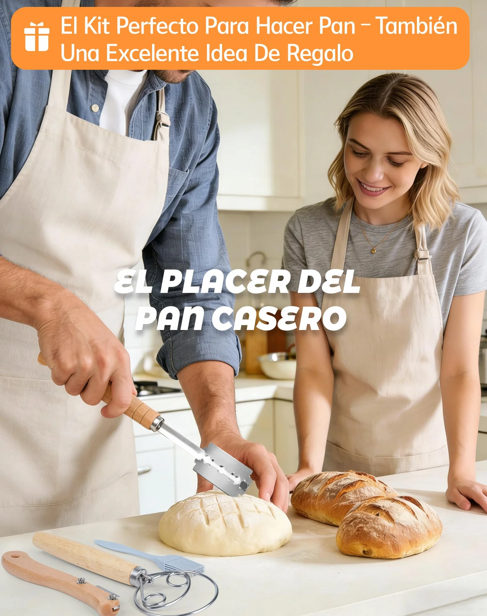 Kit Panadería 5 Piezas con Cuchilla para Pan, 2 Cuchillas Panadero Recta Curva con 20 Hojas de Repuesto, Batidor Danés, Rasqueta y Pincel, Accesorios para Masa Madre y Pan Artesanal, Acero Inoxidable