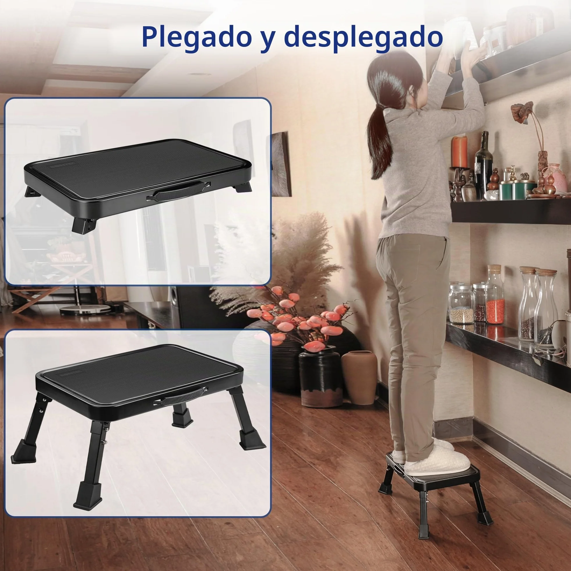 BONTEC Taburete Plegable Escalera Plegable 150 kg Capacidad de Peso Multifuncional Portátil Negro
