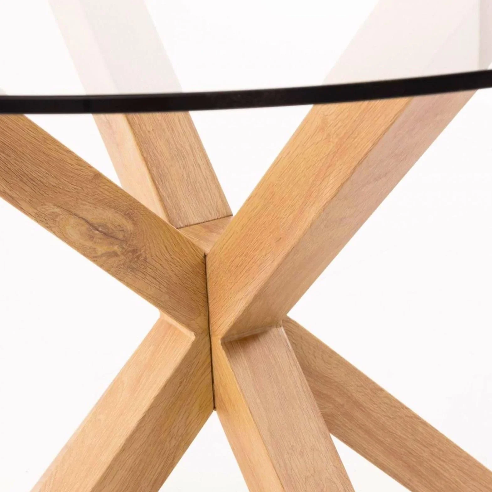 Mesa Redonda de Comedor de Cristal - Patas Metálicas Acabado Efecto Madera