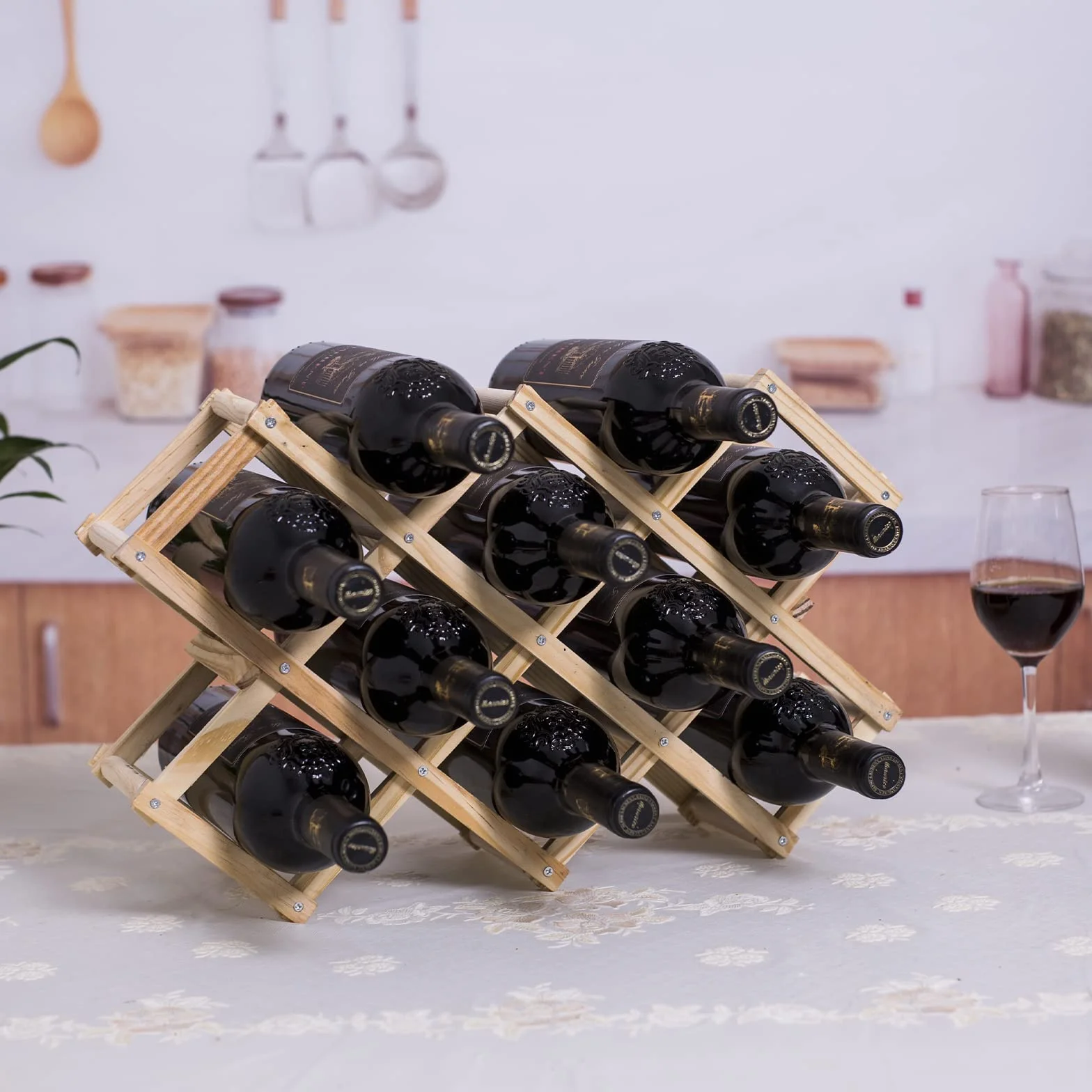 Newaner botellero vino plegable almacenar 10 botellas de vino 45X12.5X31CM, estante de madera hecho a mano de 3 niveles , Organizador de Vino presentación para bar, sala de estar y cocina