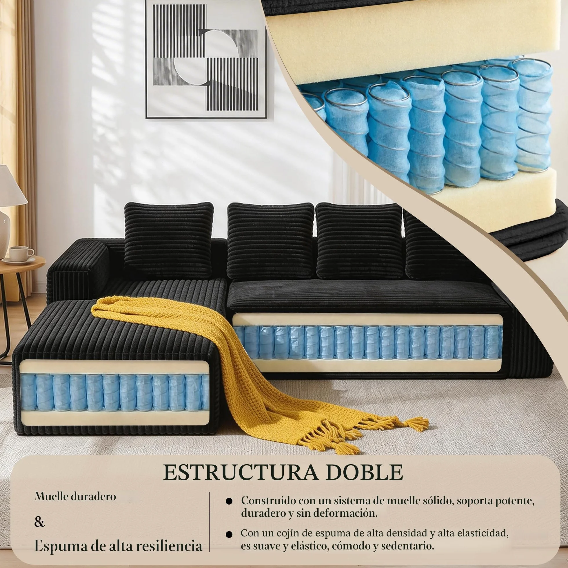 Sapgaks Sofá esquinero, sofá de 4 plazas, sofá de 3 plazas, sofá modular comprimido con chaise longue en forma de L, no requiere montaje (más pana negro)