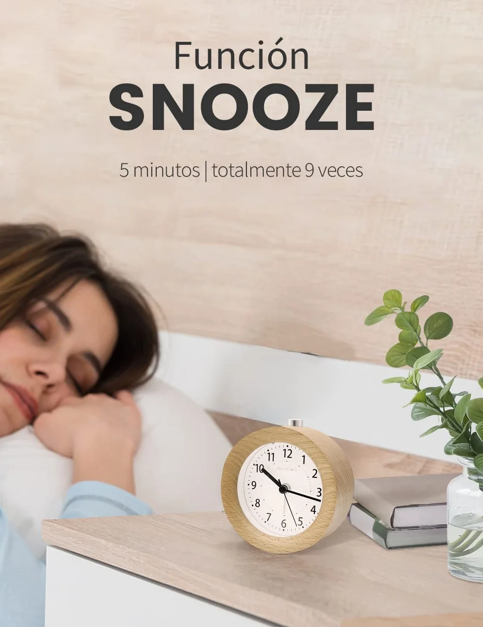 aboveClock Reloj Despertador Analógico Madera con Snooze y Luz - Marrón Claro