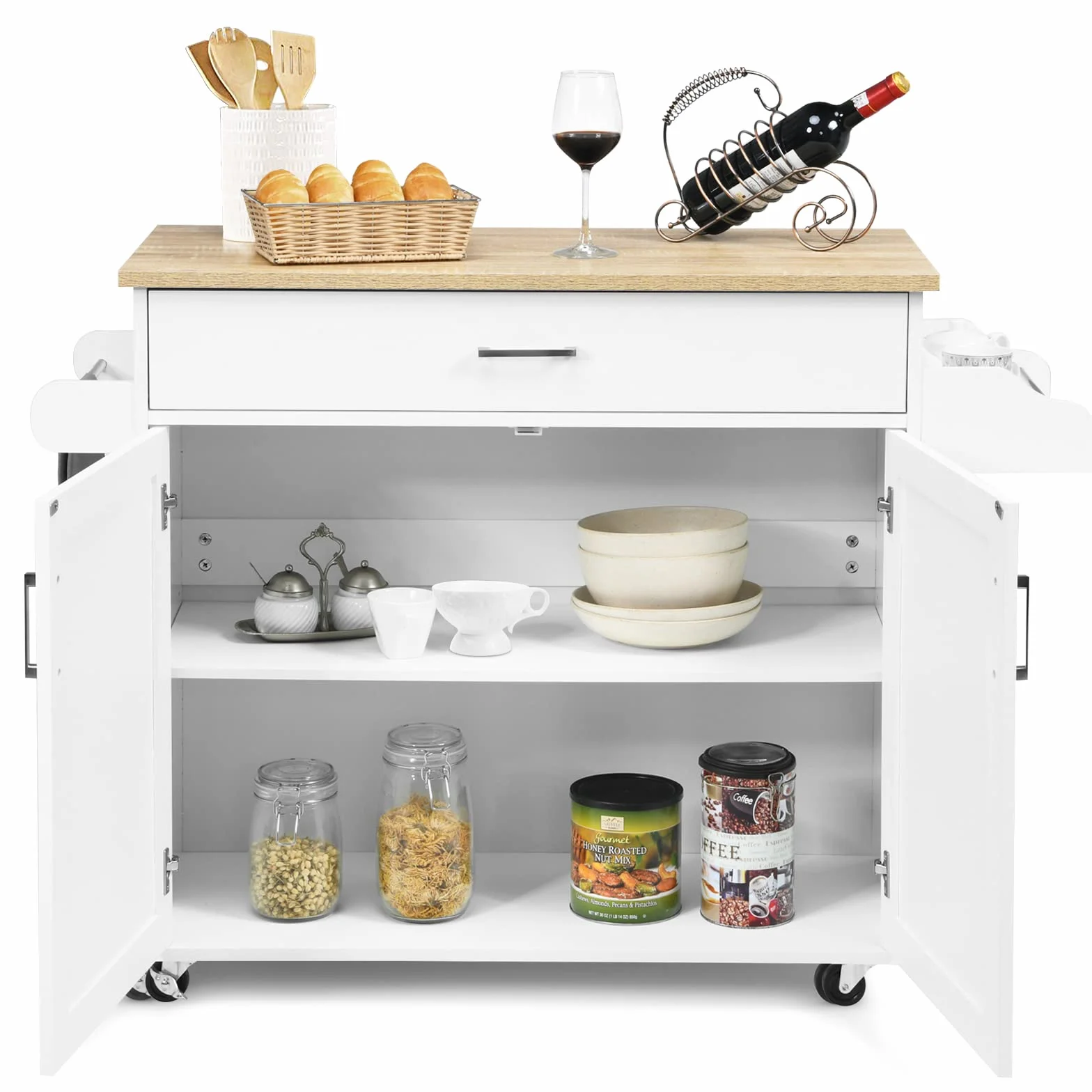 GIANTEX Isla de Cocina Móvil con Ruedas, Carro de Cocina con Cajón, Armario, Estante Lateral para Especias y Toallero, Mueble Auxiliar de Almacenamiento para Comedor (Blanco, 116x40x85cm)