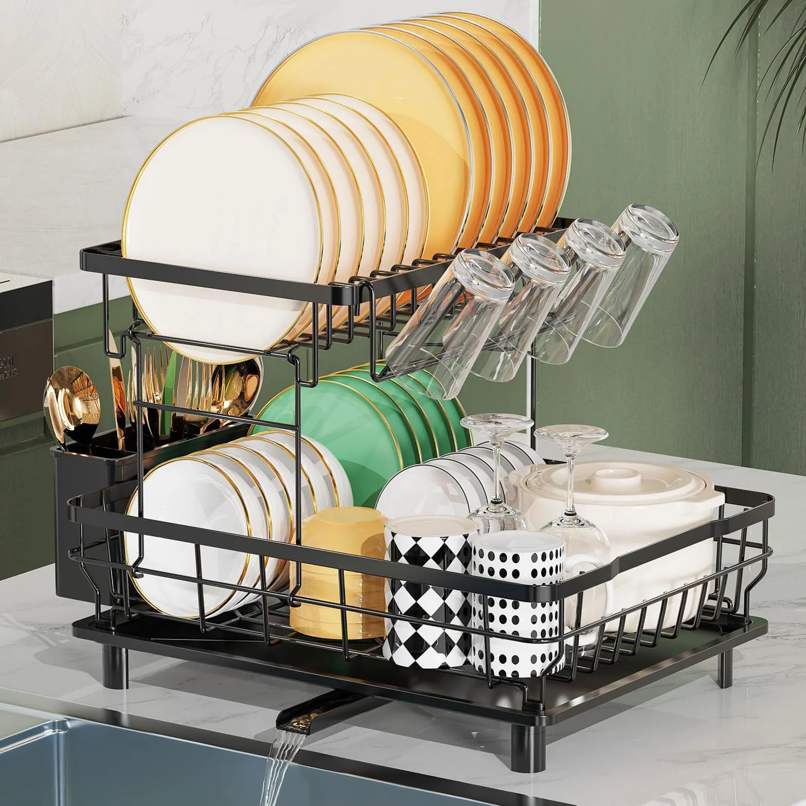 Escurridor de Platos 2 Niveles Ahorra Espacio Escurridor de Platos para Fregadero con Soporte para Utensilios,Portavasos Boquilla Giratoria 360°Escurreplatos para Encimera de Cocina