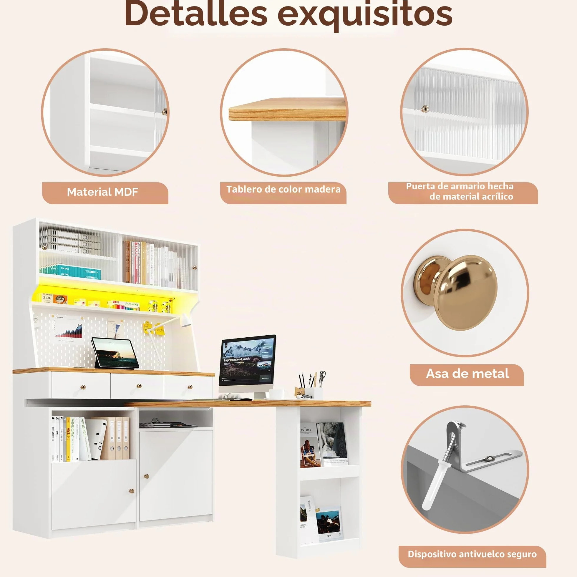 Moimhear Armario de cocina (137x45x178 cm), buffet de cocina alto, buffet multiusos, armario de mesa, armario de almacenamiento con dos puertas y tres cajones, blanco+madera