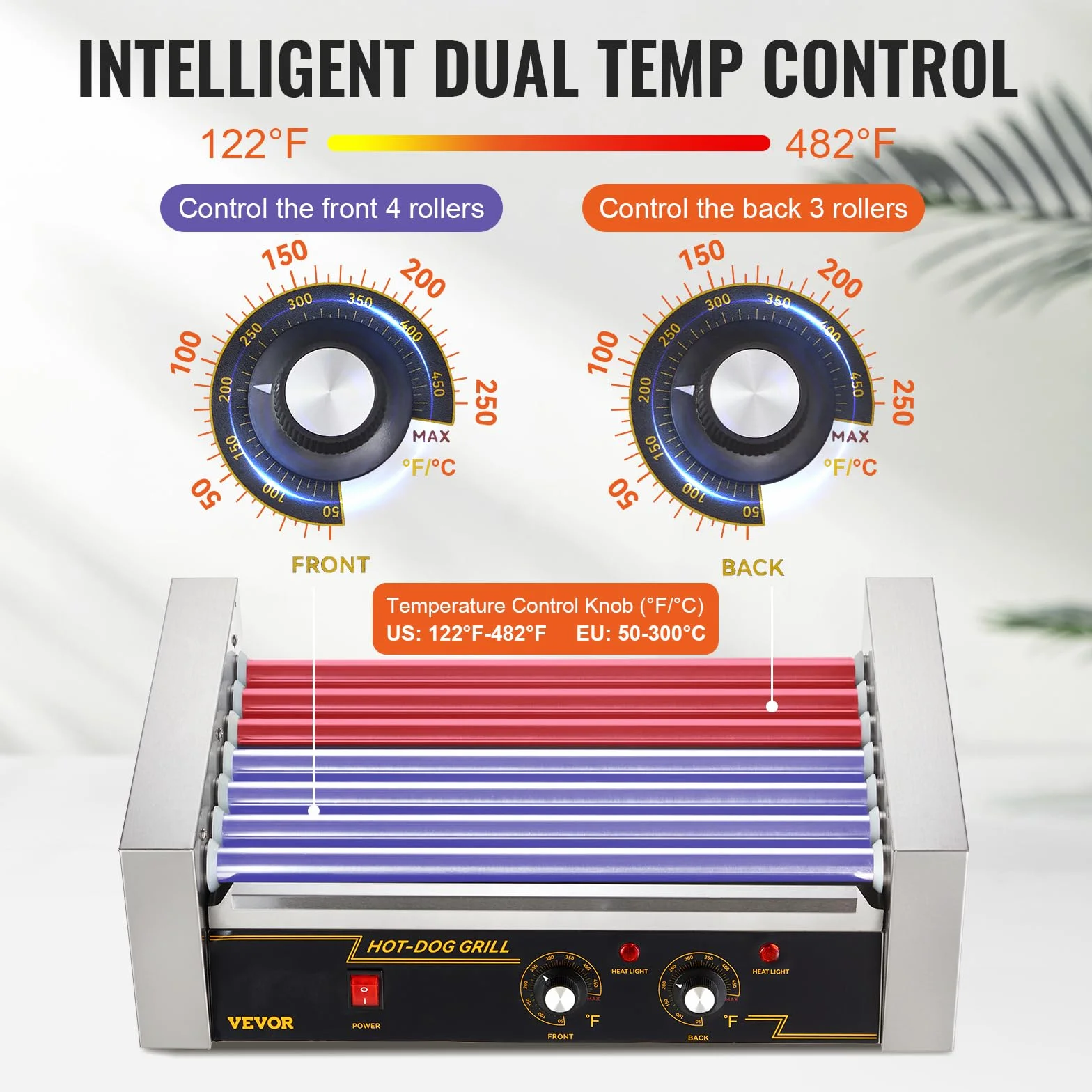 VEVOR Máquina de Rodillos para Perros Calientes 55,5x32,5x41 cm Acero Inoxidable 50-250°C 1,4 kW