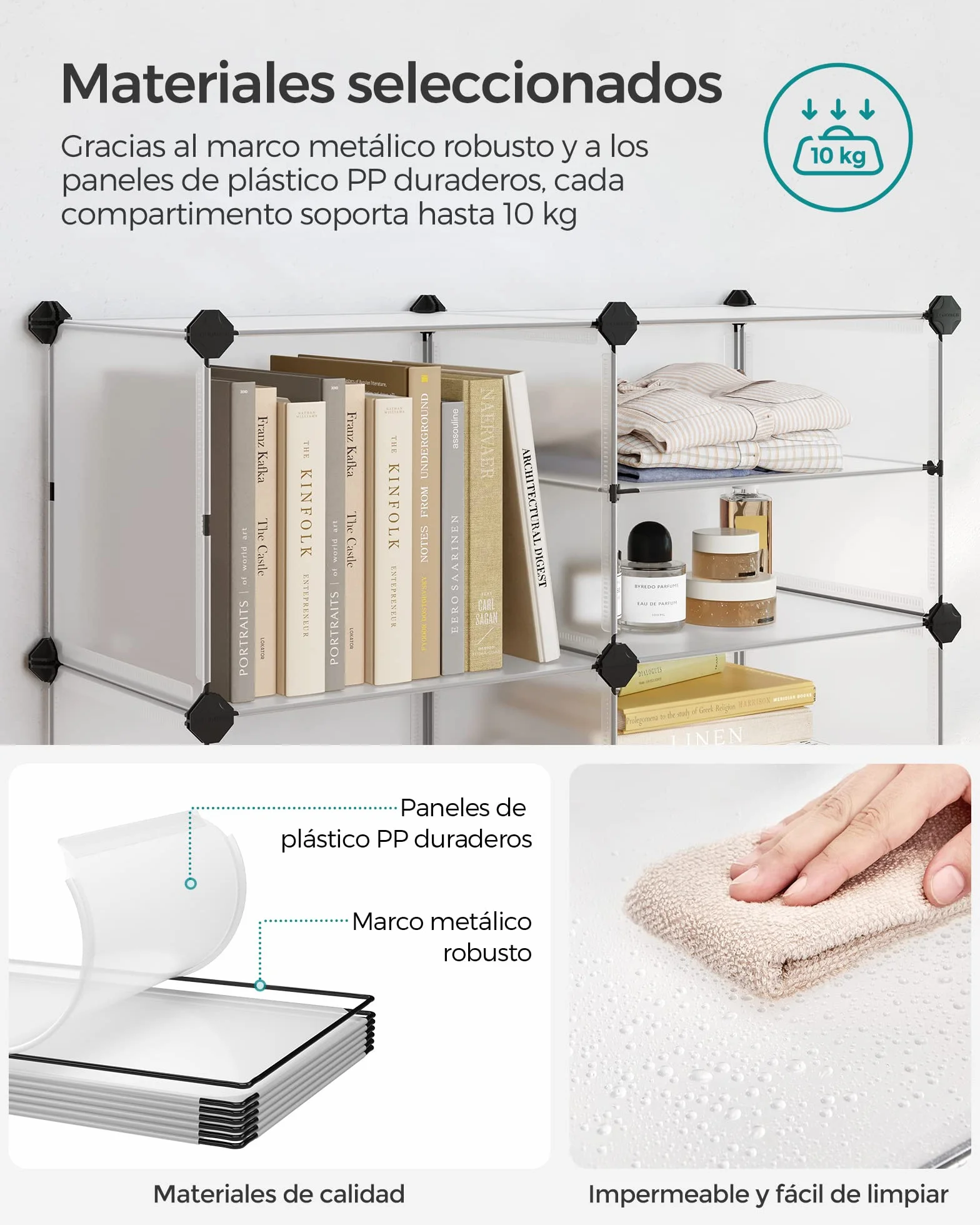 SONGMICS Estantería Modular de 9 Compartimentos, Organizador de Plástico, Zapatero, 30 x 40 x 30 cm, 39 x 40 x 15 cm, Salón, Dormitorio, Estudio, con Martillo de Goma y Hierro, Blanco LPC36W