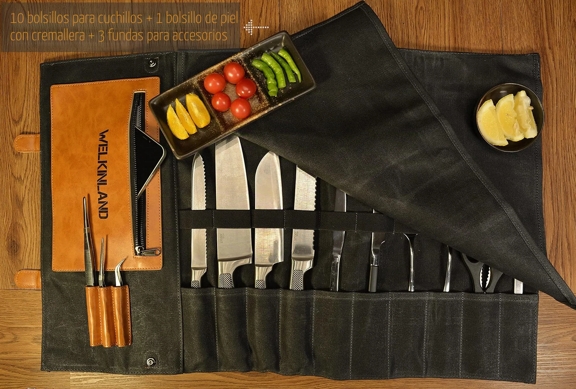 WELKINLAND Rollo de Cuero para Cuchillos de 14 Bolsillos, de Lona, Soporte para Bolsas de Cuchillos, Bolsa de Chef, Bolsa para Cuchillos de Chef, para Cuchillos