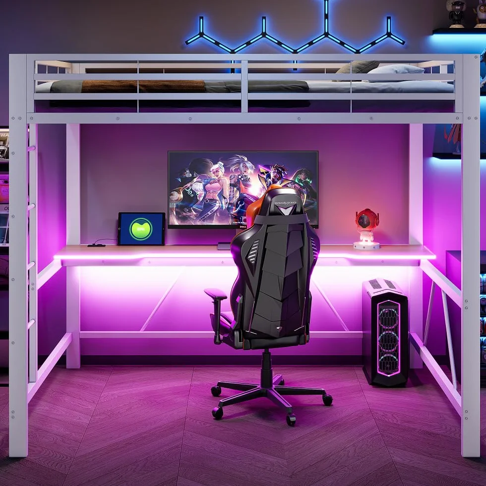 Litera de 140 x 200 cm con tira LED, USB, cama alta para niños con escritorio, ahorra espacio, estructura de cama de metal para juegos con riel, sin colchón, apto para dormitorios y otros (blanco)