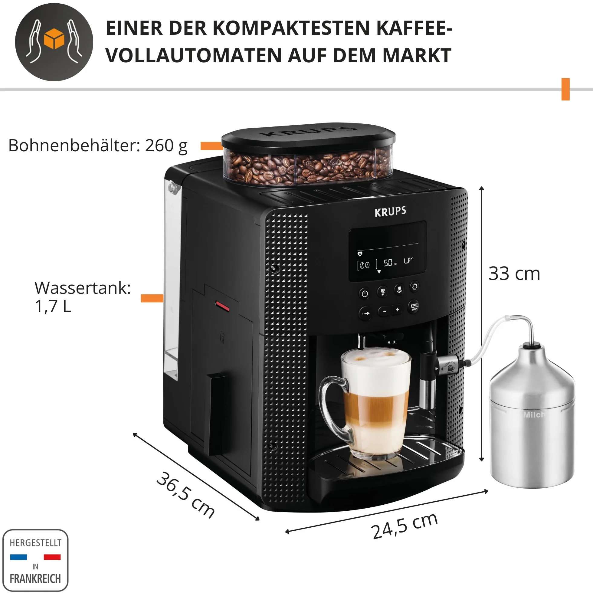Krups Máquina de café Essential, molinillo de granos, cafetera espresso, pantalla LCD, limpieza automática, boquilla de vapor para capuchino negro YY8135FD